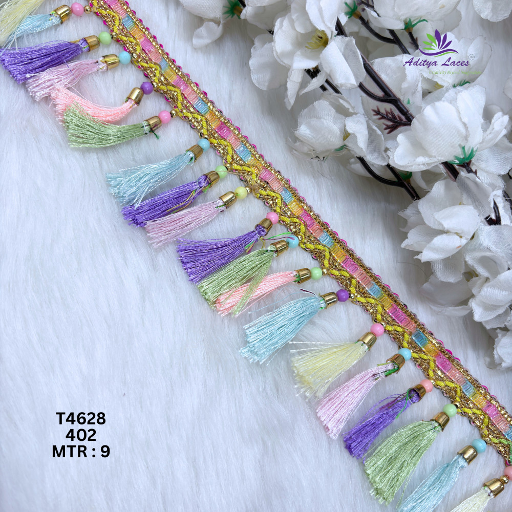 Image of Designer Readymade Pastel Tassel Fringe Lace Border for Sarees, Dupattas &amp; Bridal Wear – Gold Beaded Ethnic Trim