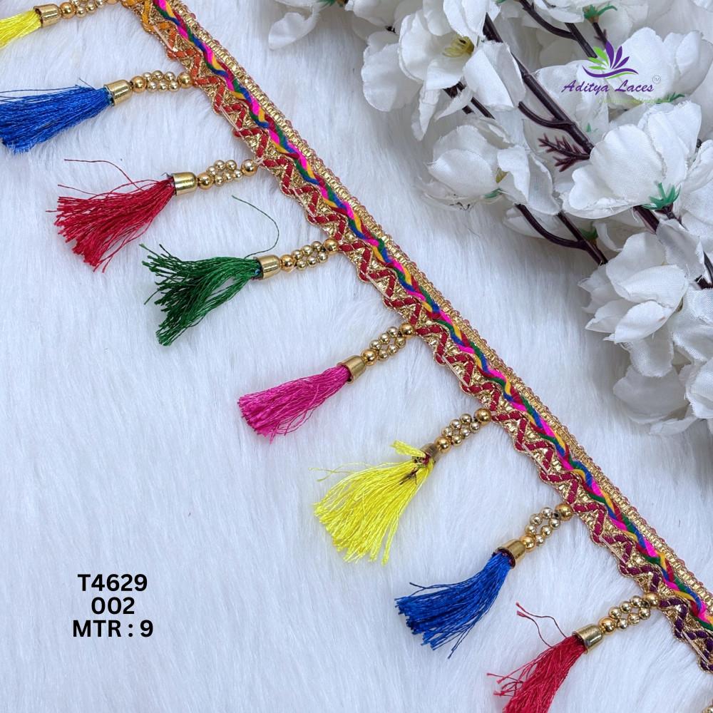 Image of Designer Readymade Multicolor Tassel Latkan Lace Border with Gold Bead Chains for Sarees, Dupattas &amp; Bridal Wear – T4629