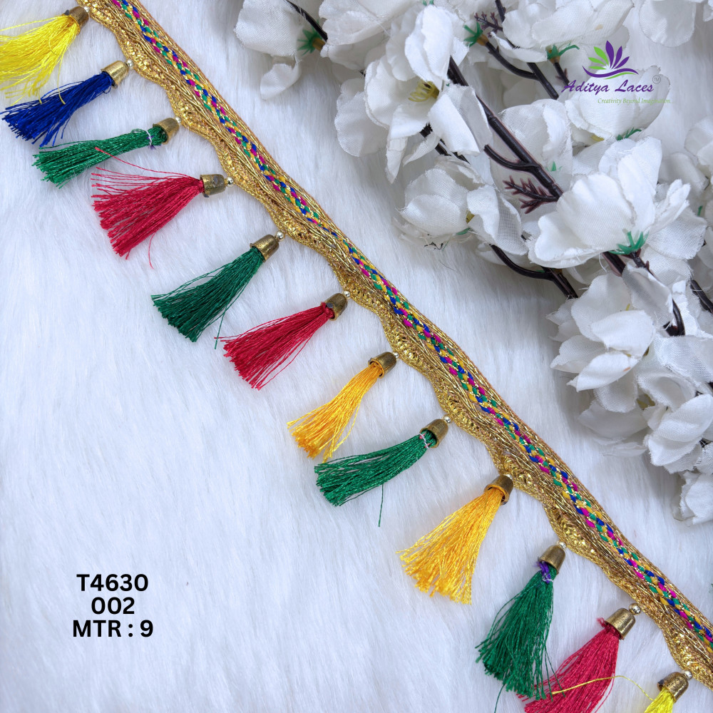 Image of Designer Readymade Multicolor Hanging Tassel Latkan Lace Border with Gold Braided Top for Sarees, Dupattas &amp; Bridal Wear