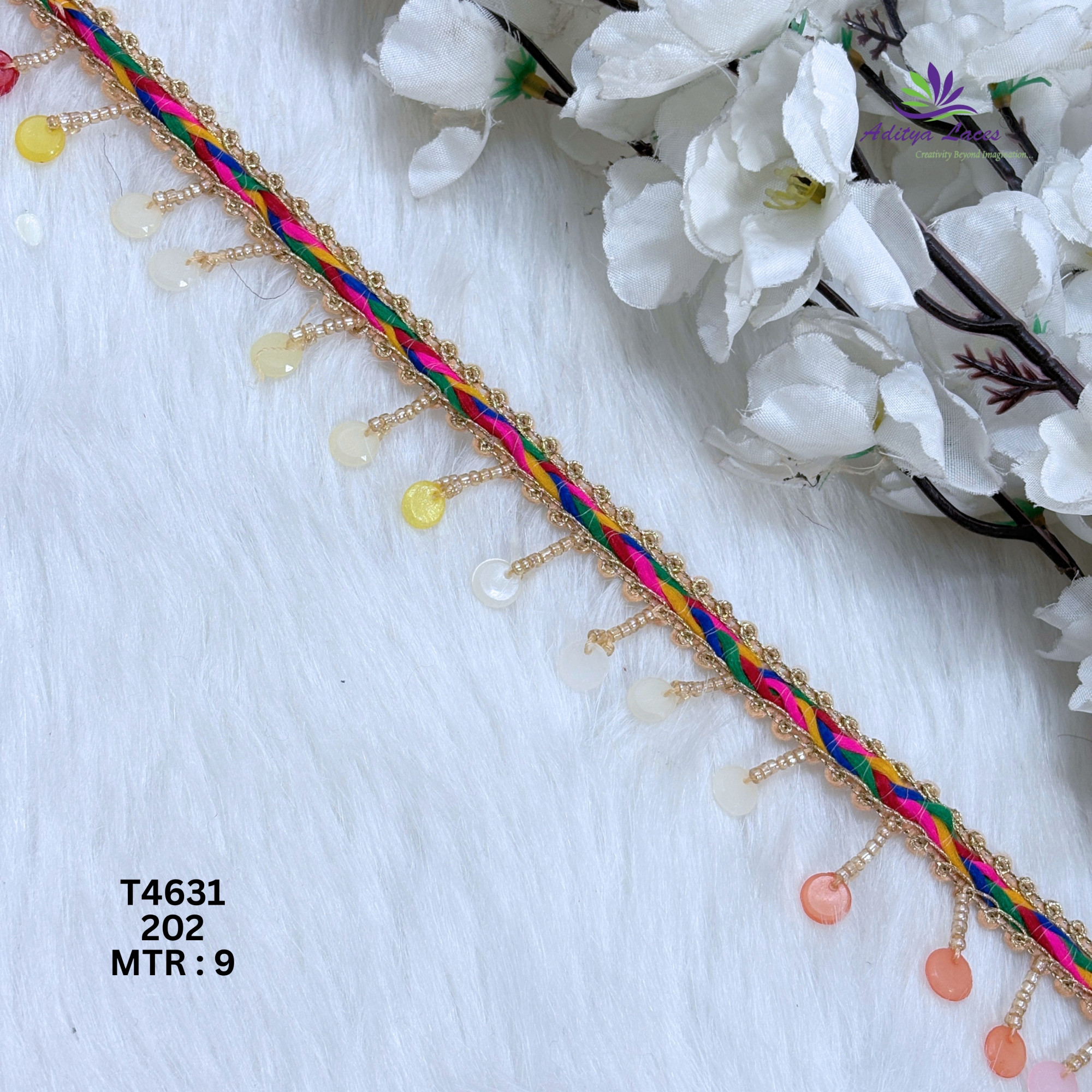 Designer Readymade Multicolor Braided Lace with Hanging Beaded Coin Drops for Sarees Ethnic Fashion Decorative Border Trim