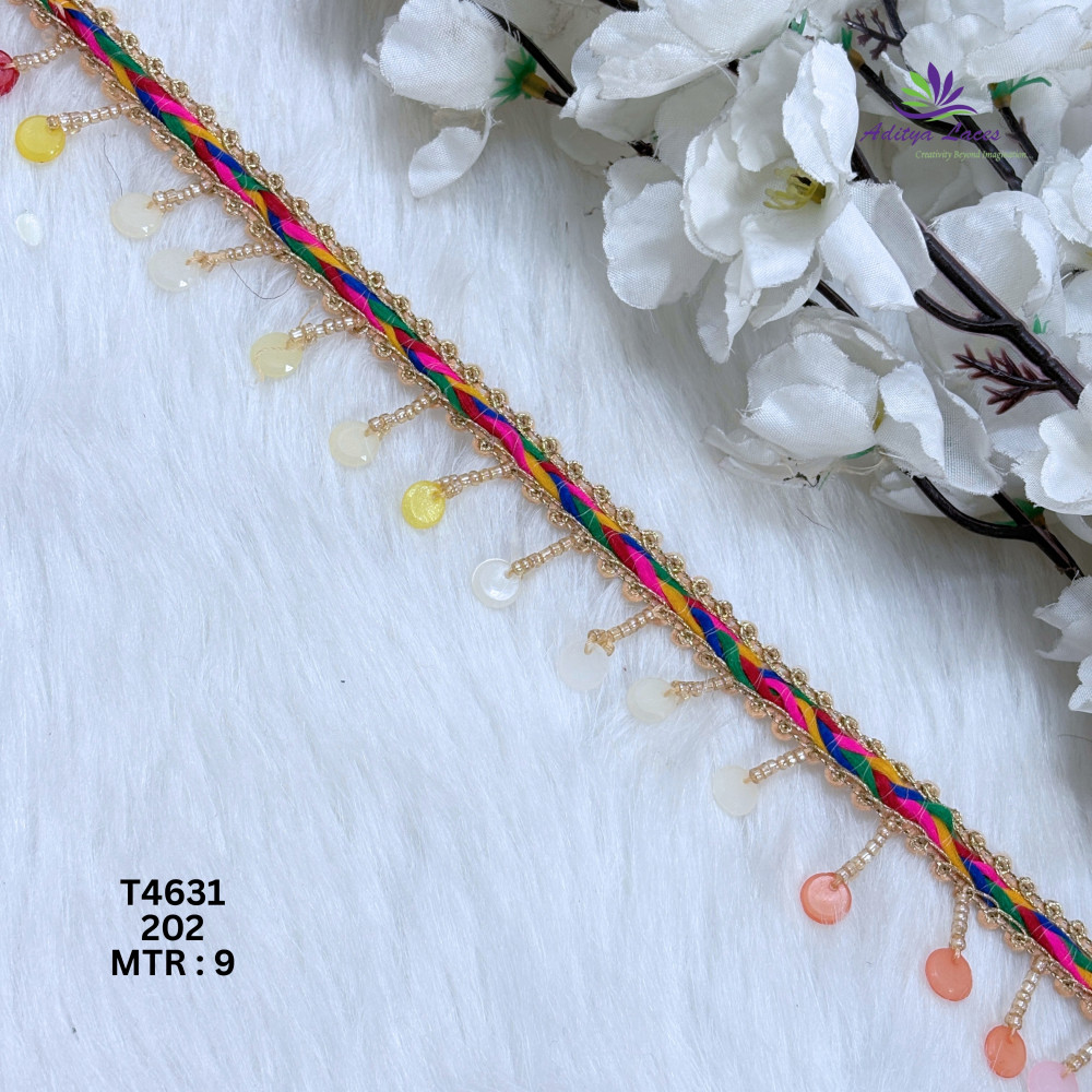 Image of Designer Readymade Multicolor Braided Lace with Hanging Beaded Coin Drops for Sarees &amp; Ethnic Fashion – Decorative Border Trim