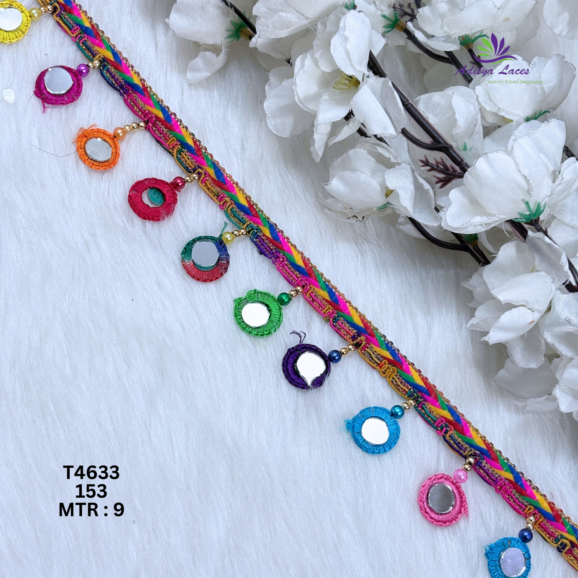 Designer Readymade Multicolor Hanging Mirror Drop Lace Border for Sarees  Ethnic Wear  Beaded Latkan Fashion Trim T4633