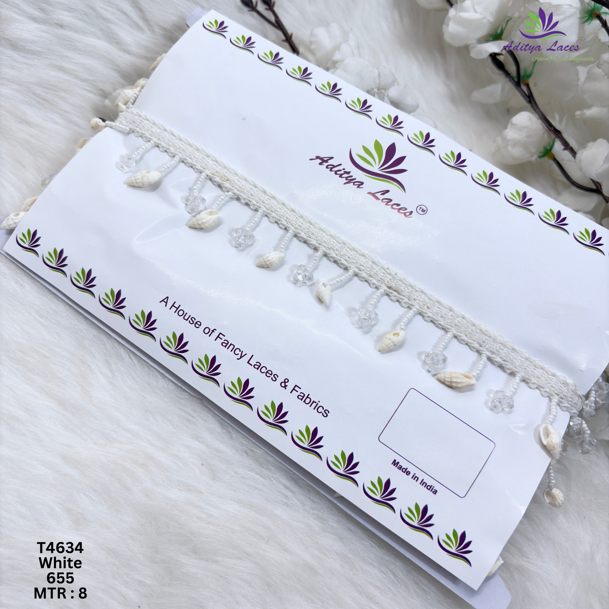 Designer White Cowrie Shell Crystal Drop Moti Lace Border for Sarees Hanging Beaded Ethnic Fashion Trim T4634
