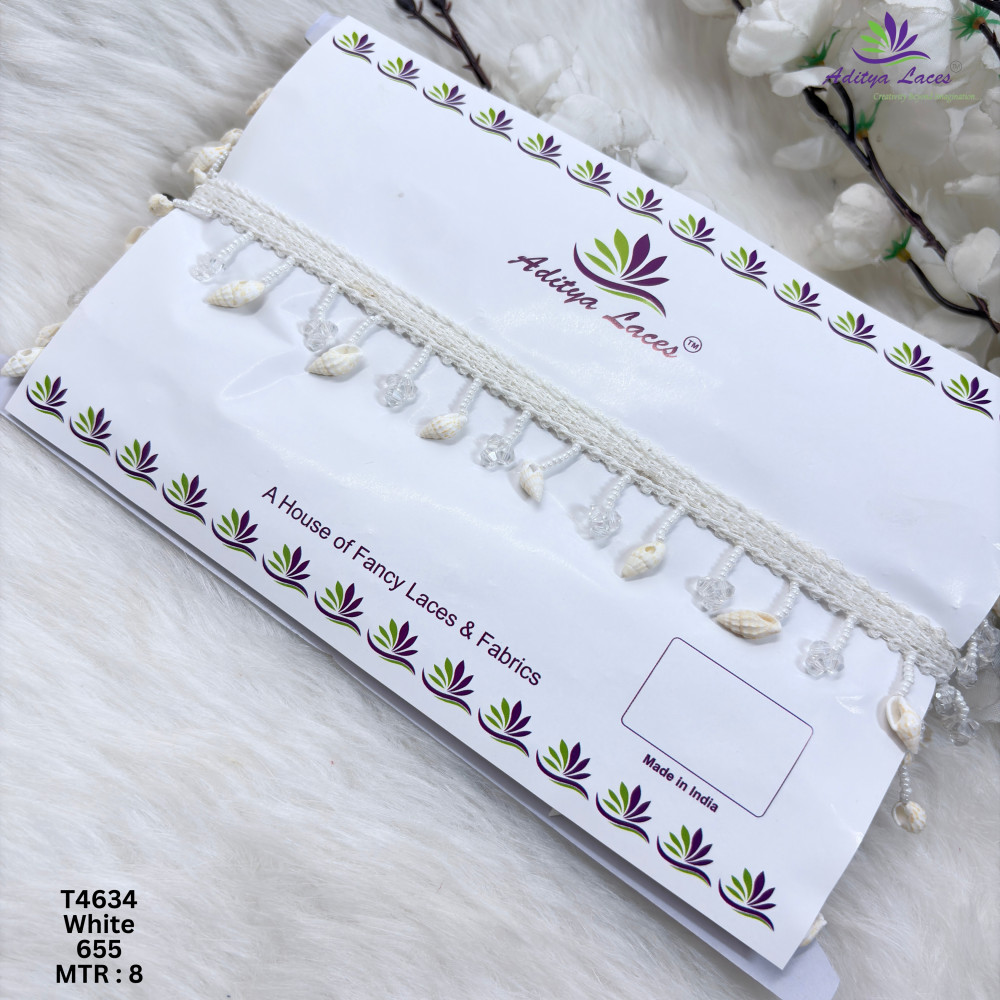 Image of Designer White Cowrie Shell &amp; Crystal Drop Moti Lace Border for Sarees – Hanging Beaded Ethnic Fashion Trim T4634