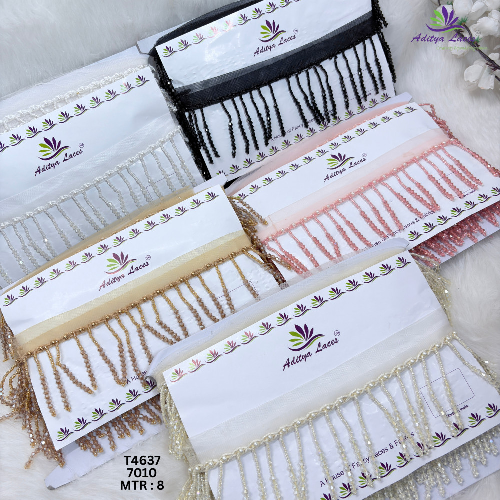Image of Designer Long Hanging Crystal Drop Moti Lace Border for Sarees &amp; Bridal Wear – Beaded Fringe Ethnic Fashion Trim T4637