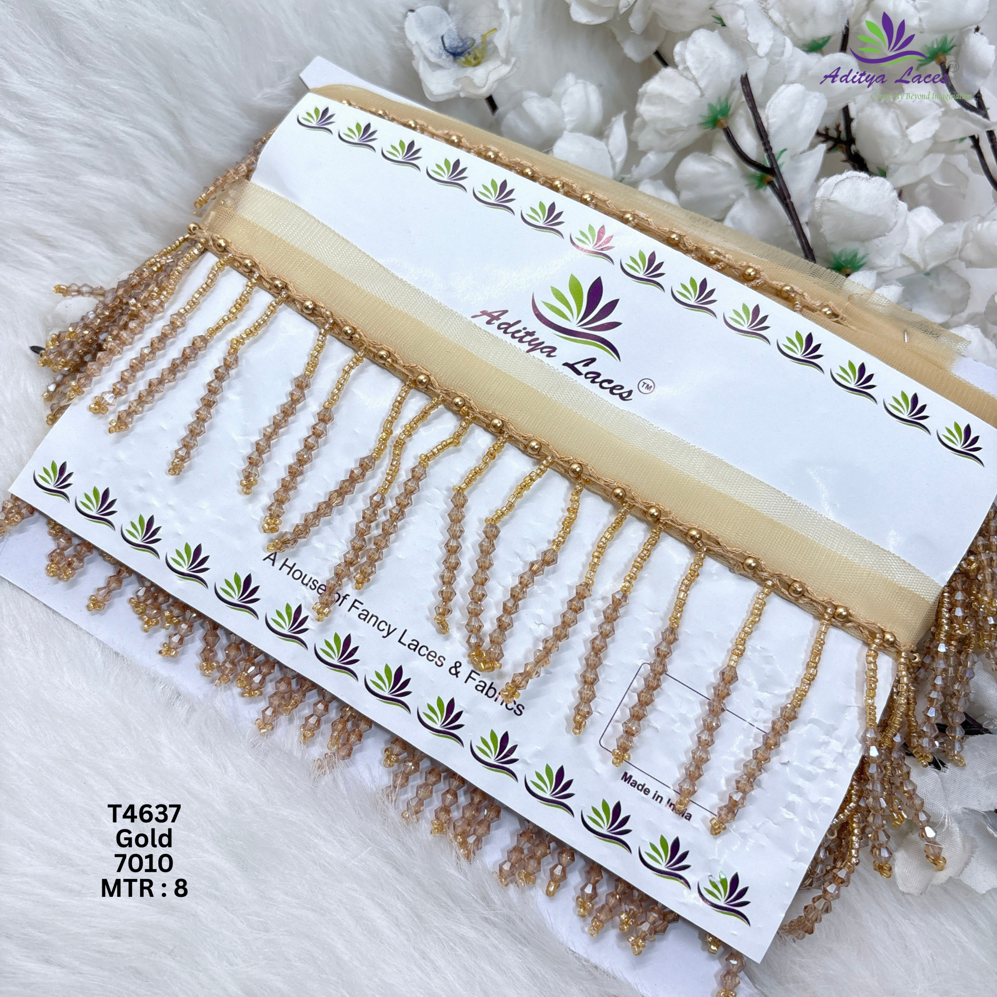 Designer Long Hanging Crystal Drop Moti Lace Border for Sarees Bridal Wear Beaded Fringe Ethnic Fashion Trim T4637