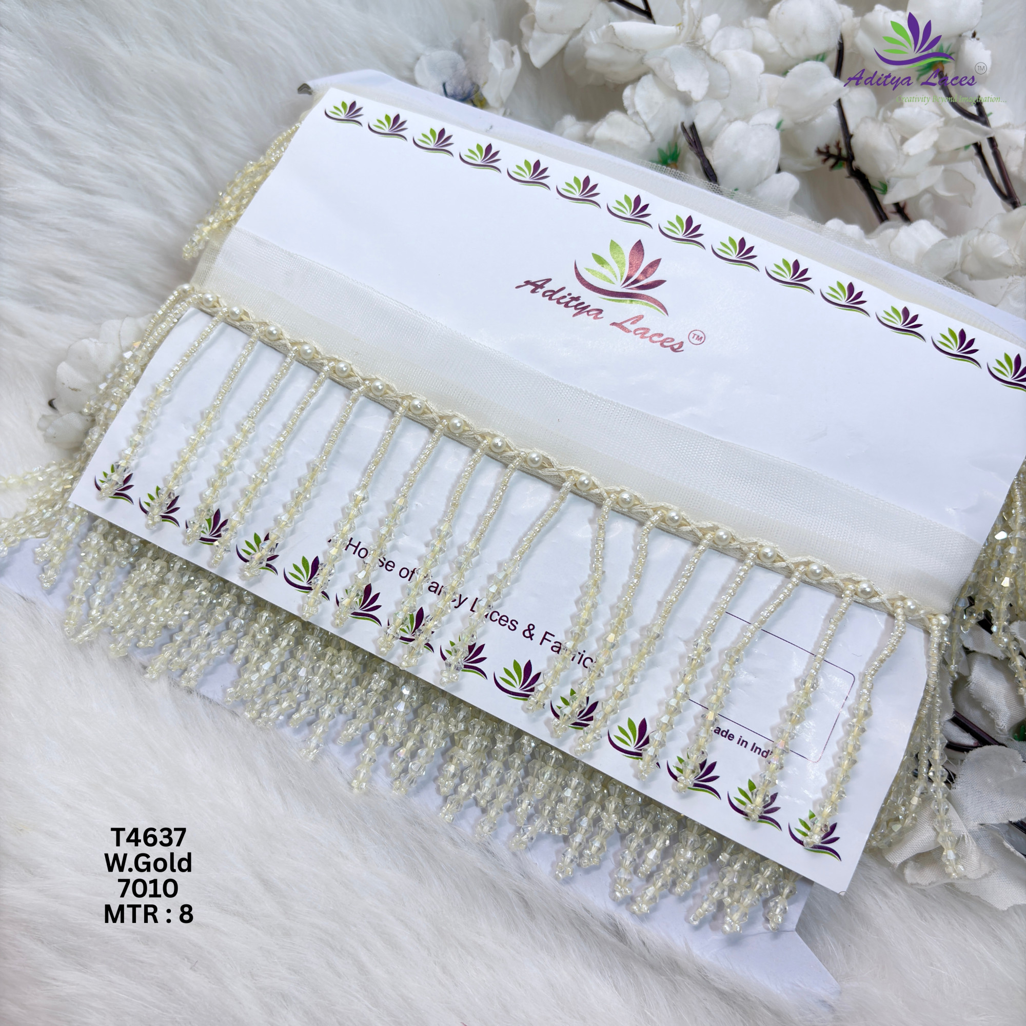 Designer Long Hanging Crystal Drop Moti Lace Border for Sarees Bridal Wear Beaded Fringe Ethnic Fashion Trim T4637