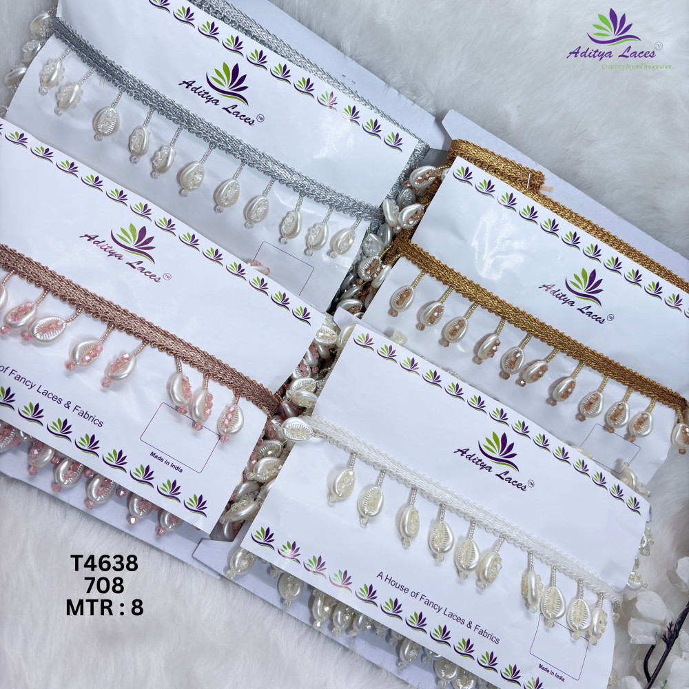 Image of Designer Moti Pearl Teardrop Hanging Beads Lace Border for Sarees, Dupattas &amp; Bridal Wear – Elegant Ethnic Trim T4638