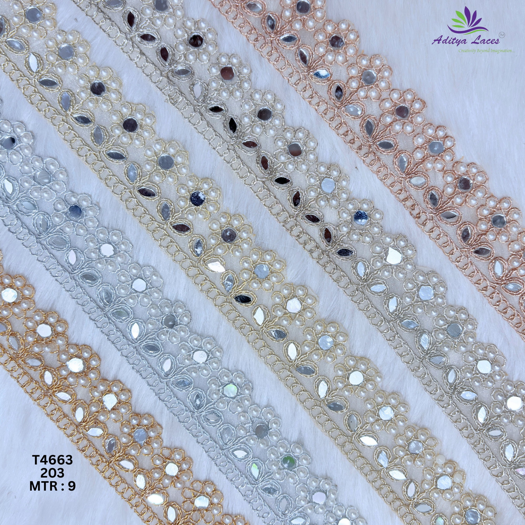 Designer Tissue Handwork Scalloped Pearl Mirror Lace Border for Sarees Bridal Wear Ethnic Fashion Trim
