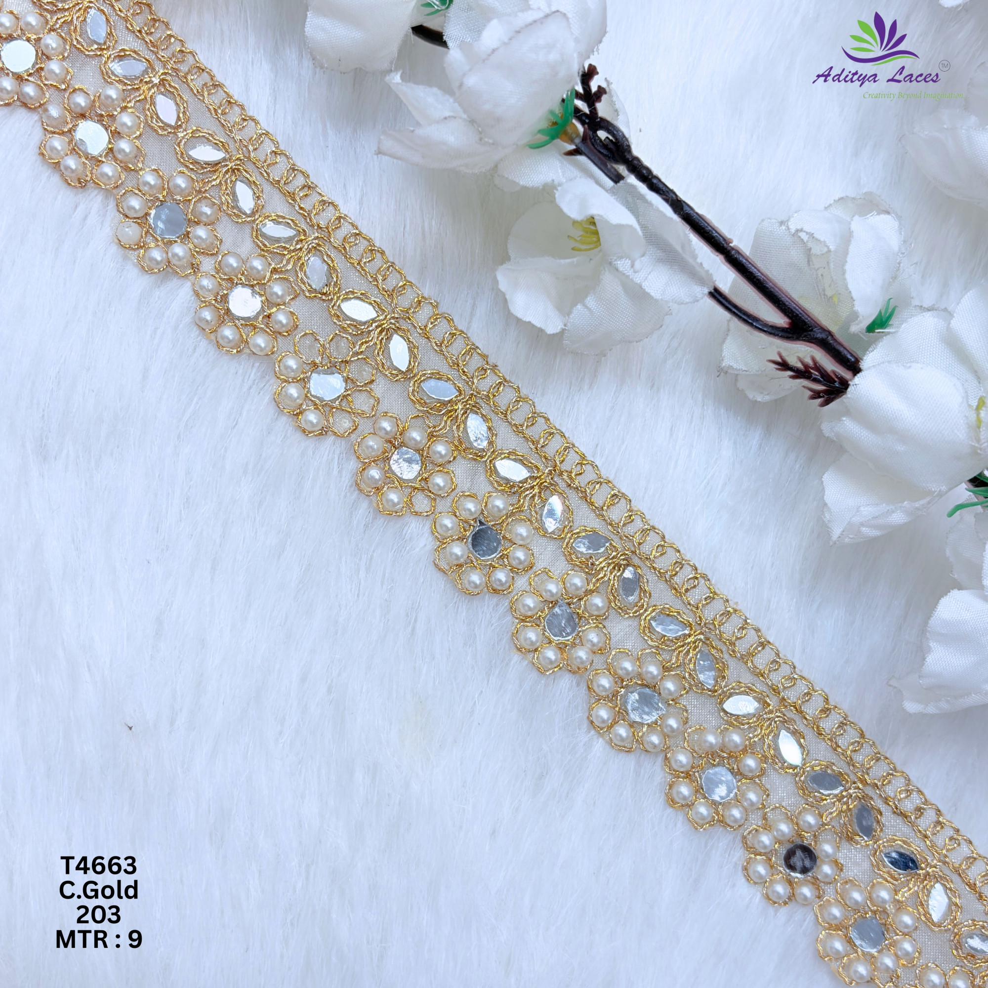 Designer Tissue Handwork Scalloped Pearl Mirror Lace Border for Sarees Bridal Wear Ethnic Fashion Trim