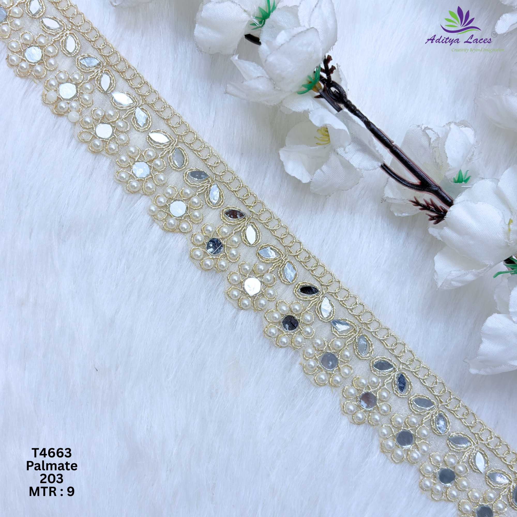 Designer Tissue Handwork Scalloped Pearl  Mirror Lace Border for Sarees  Bridal Wear  Ethnic Fashion Trim