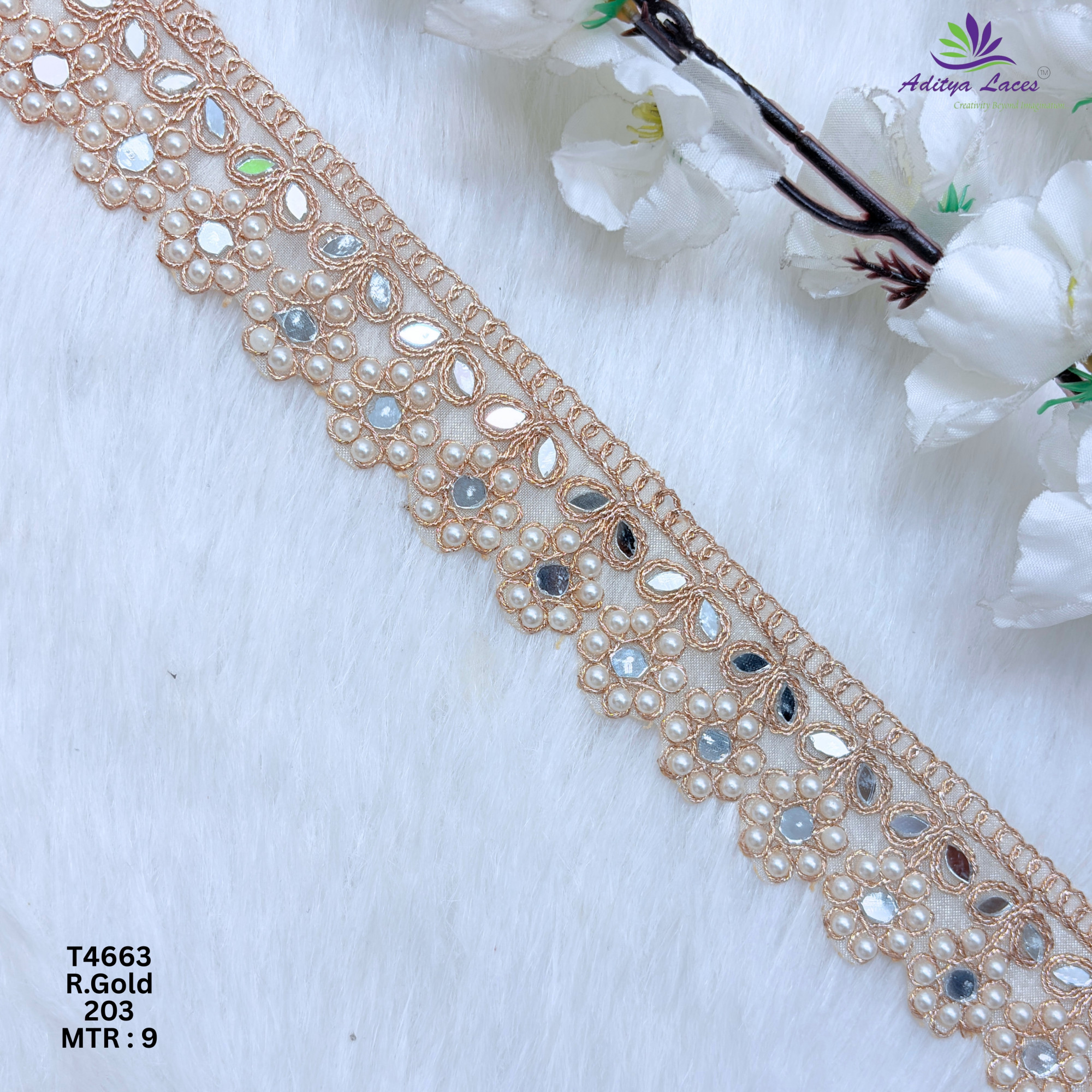 Designer Tissue Handwork Scalloped Pearl  Mirror Lace Border for Sarees  Bridal Wear  Ethnic Fashion Trim