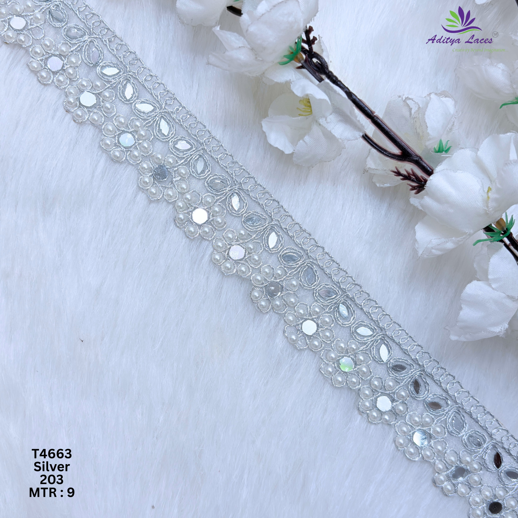 Designer Tissue Handwork Scalloped Pearl Mirror Lace Border for Sarees Bridal Wear Ethnic Fashion Trim