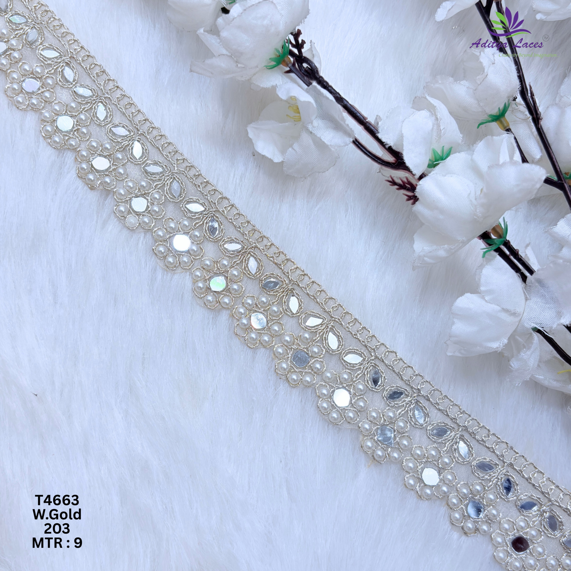 Designer Tissue Handwork Scalloped Pearl Mirror Lace Border for Sarees Bridal Wear Ethnic Fashion Trim