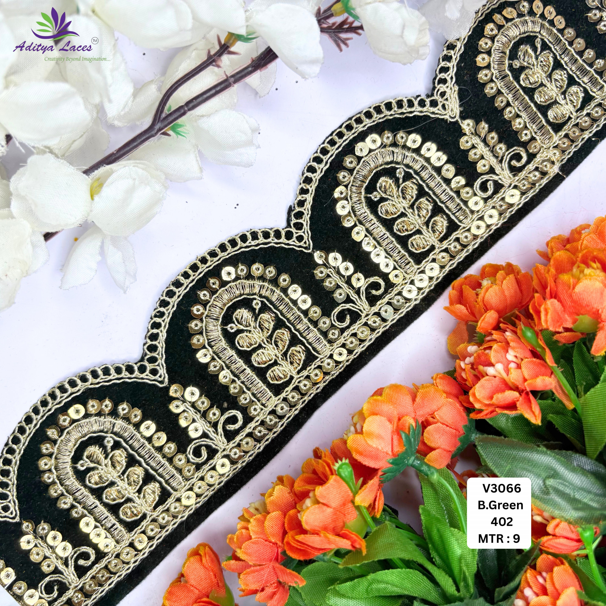 Black Velvet Scalloped Embroidery Lace Trim Designer Beads Saree Border Bridal Decorative Lace