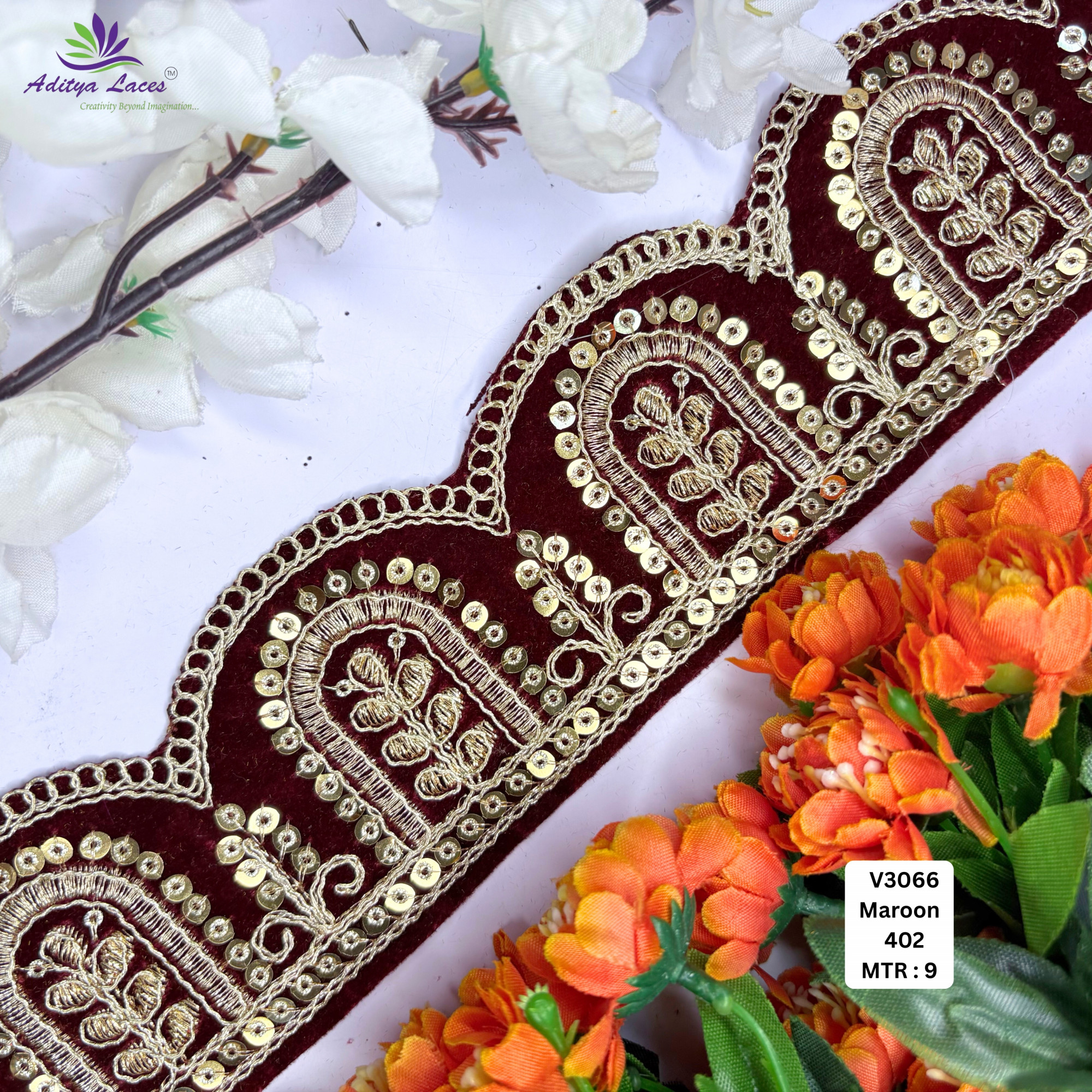 Black Velvet Scalloped Embroidery Lace Trim Designer Beads Saree Border Bridal Decorative Lace