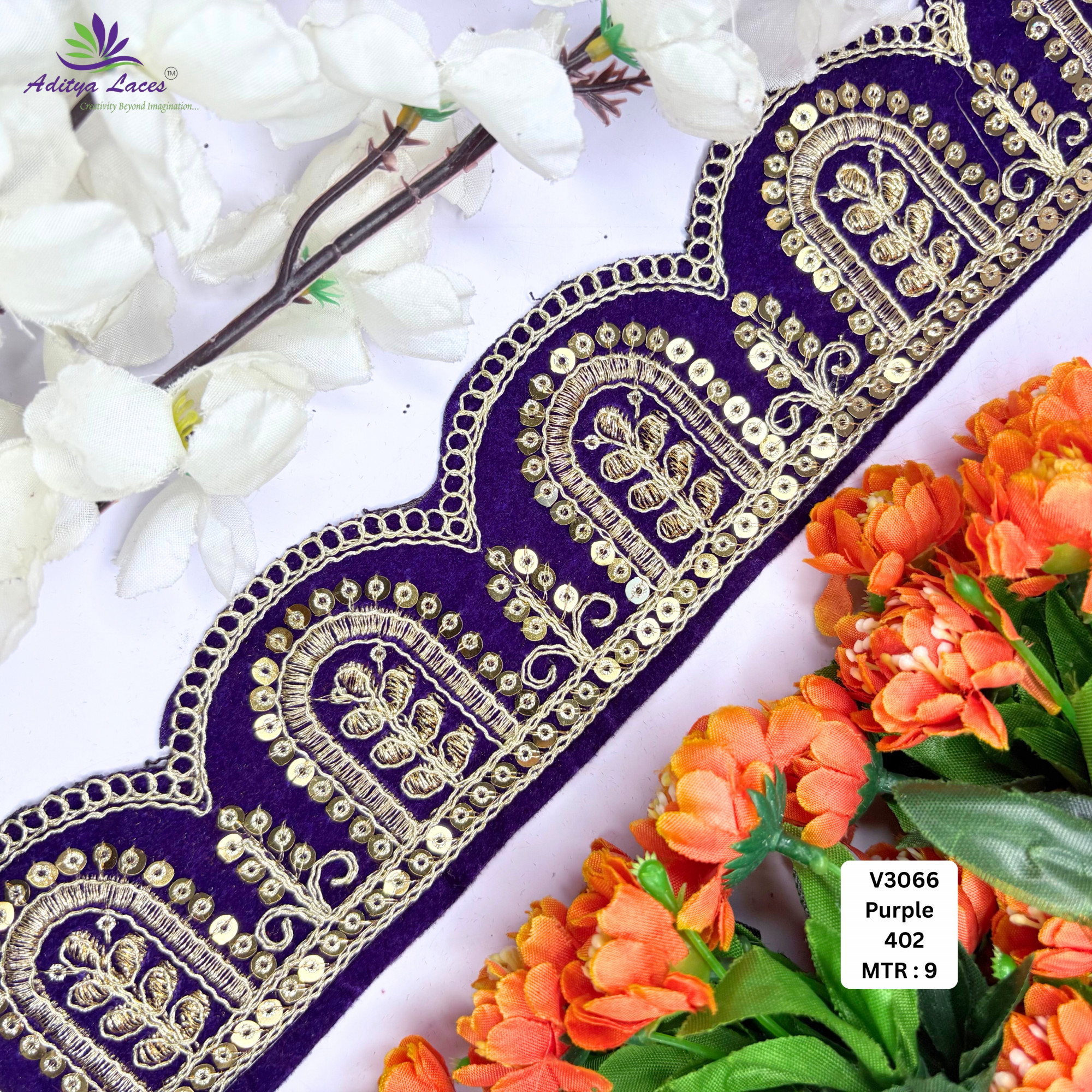 Black Velvet Scalloped Embroidery Lace Trim Designer Beads Saree Border Bridal Decorative Lace
