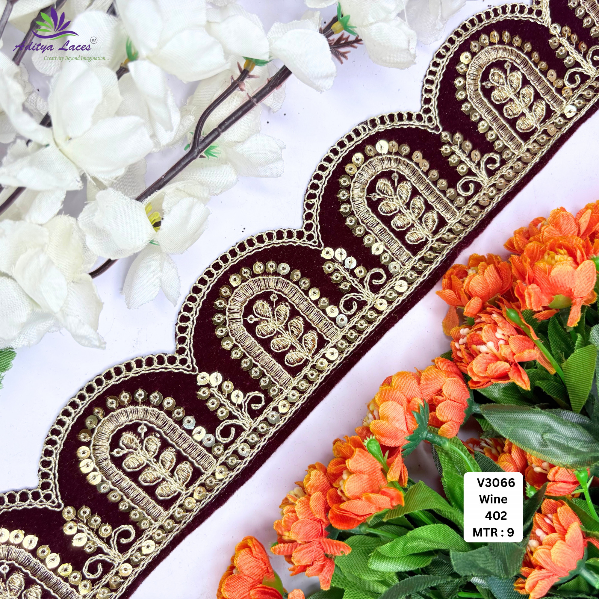 Black Velvet Scalloped Embroidery Lace Trim Designer Beads Saree Border Bridal Decorative Lace
