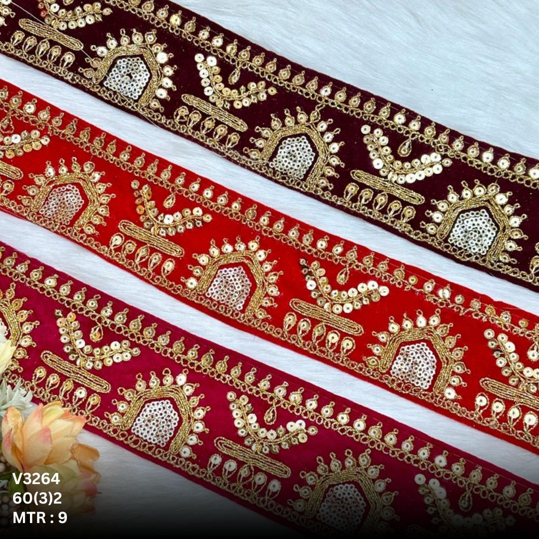 Velvet Zari Embroidery Lace Trim Red Maroon Designer Saree Border Bridal Beads Lace Decorative Fashion Trim Wholesale Supplier