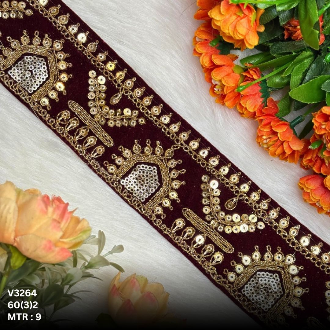 Velvet Zari Embroidery Lace Trim Red Maroon Designer Saree Border Bridal Beads Lace Decorative Fashion Trim Wholesale Supplier