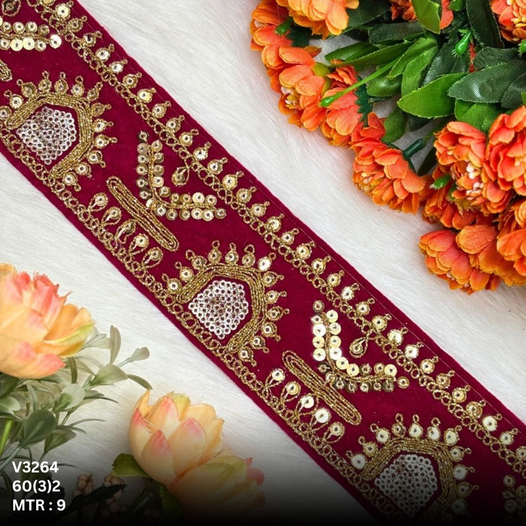 Velvet Zari Embroidery Lace Trim Red Maroon Designer Saree Border Bridal Beads Lace Decorative Fashion Trim Wholesale Supplier