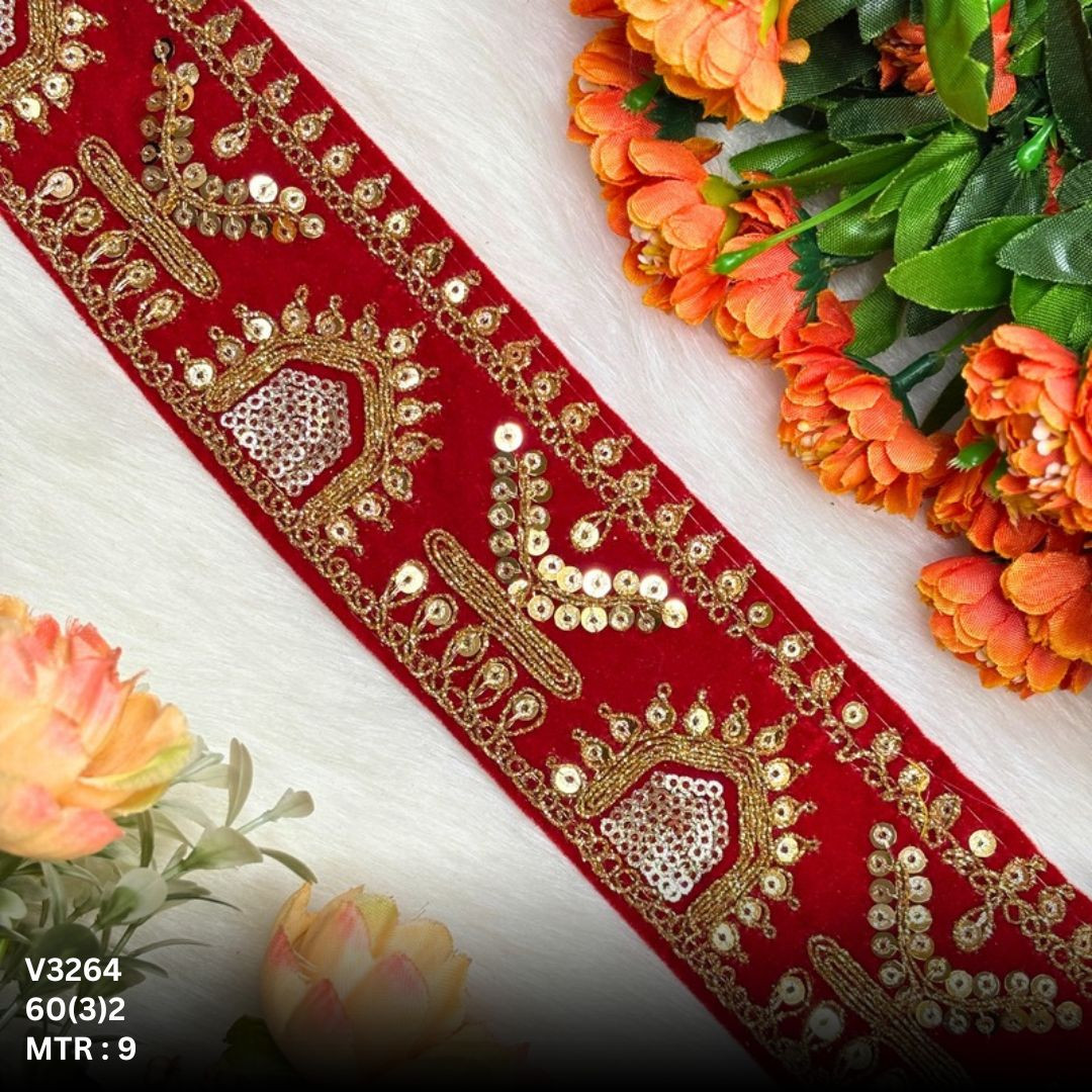 Velvet Zari Embroidery Lace Trim Red Maroon Designer Saree Border Bridal Beads Lace Decorative Fashion Trim Wholesale Supplier