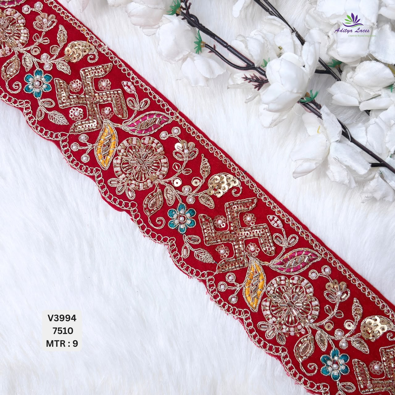 Designer Red Velvet Scalloped Swastik Floral Embroidery Lace Border for Sarees Bridal Wear Ethnic Fashion Trim