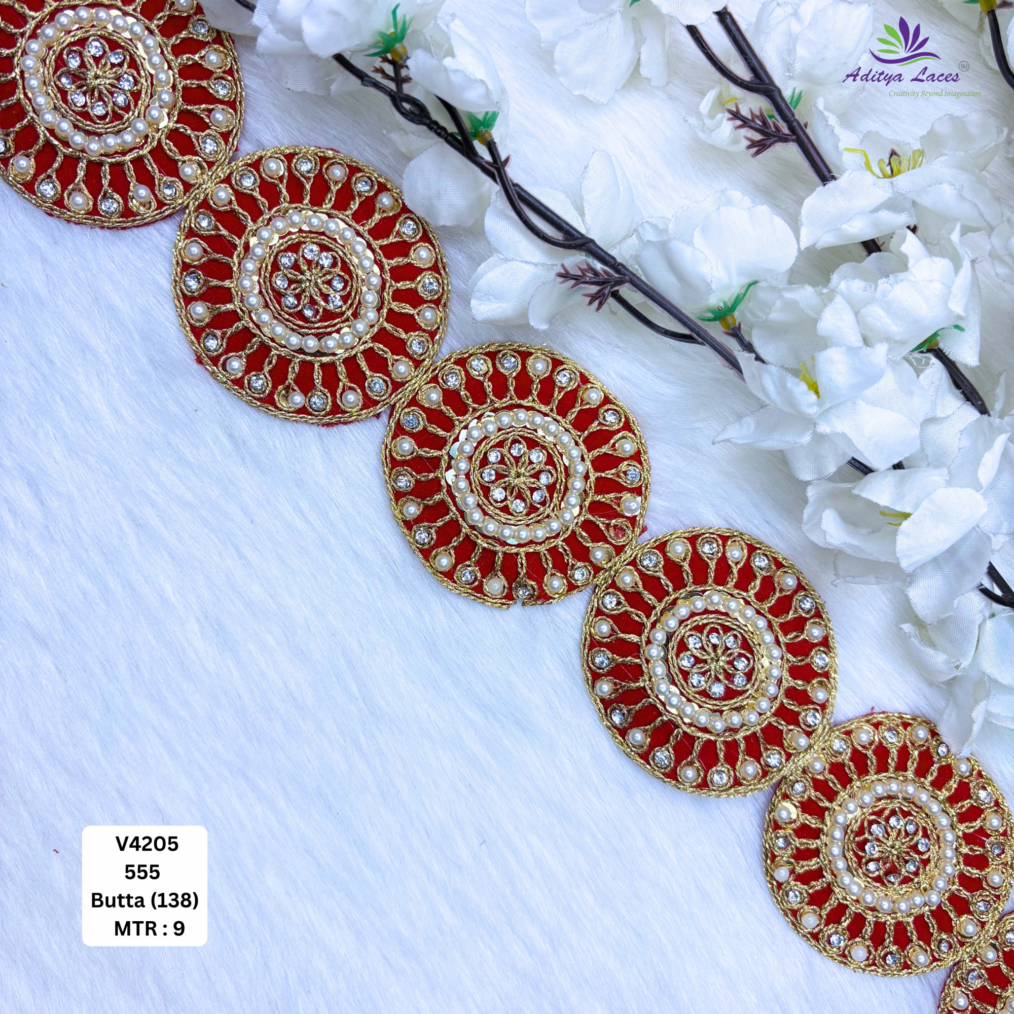 Red Velvet Circular Embroidery Lace Trim Designer Beads Saree Border Bridal Decorative Lace