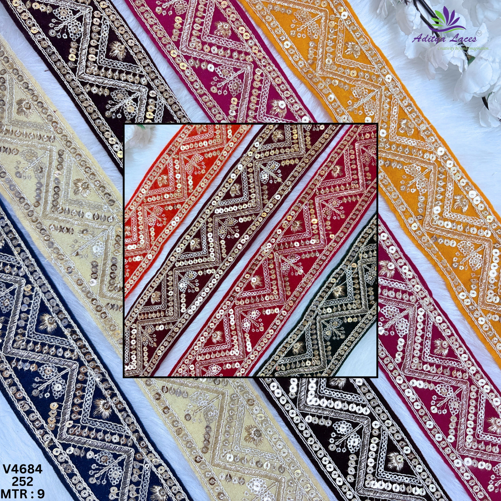 Designer Velvet Chevron Sequin Lace Border for Sarees Bridal Wear Geometric Embroidery Fashion Trim V4684