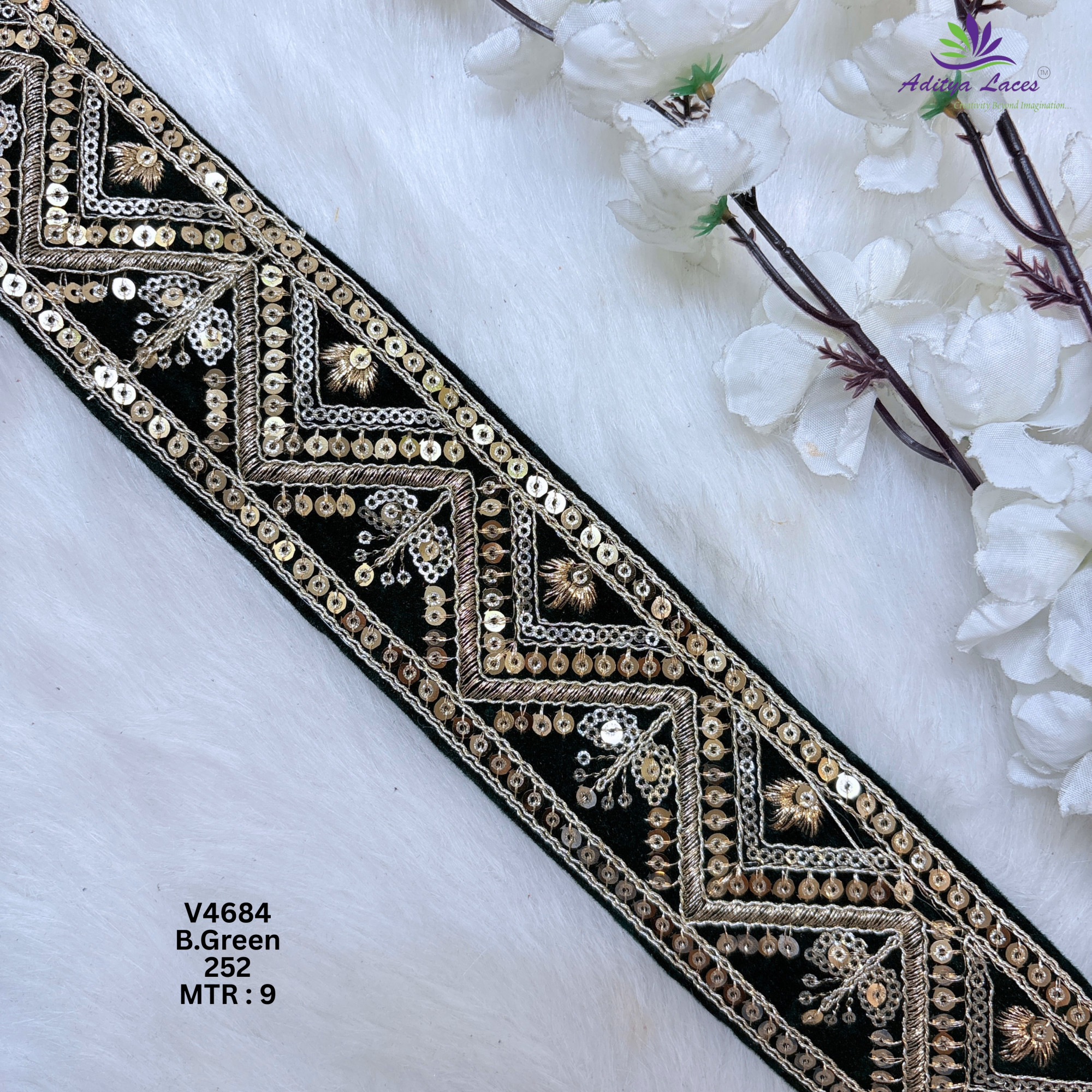 Designer Velvet Chevron Sequin Lace Border for Sarees Bridal Wear Geometric Embroidery Fashion Trim V4684