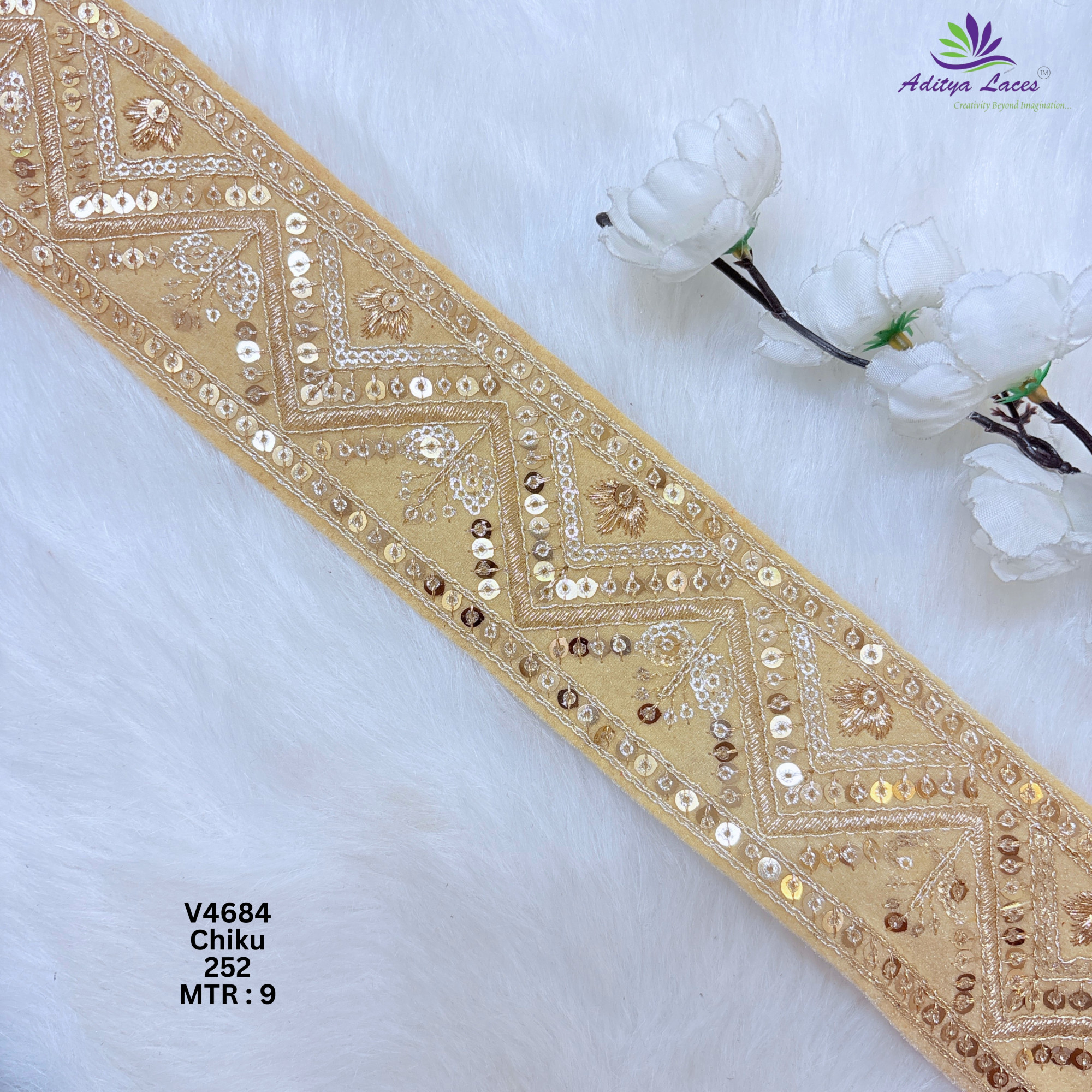 Designer Velvet Chevron Sequin Lace Border for Sarees Bridal Wear Geometric Embroidery Fashion Trim V4684