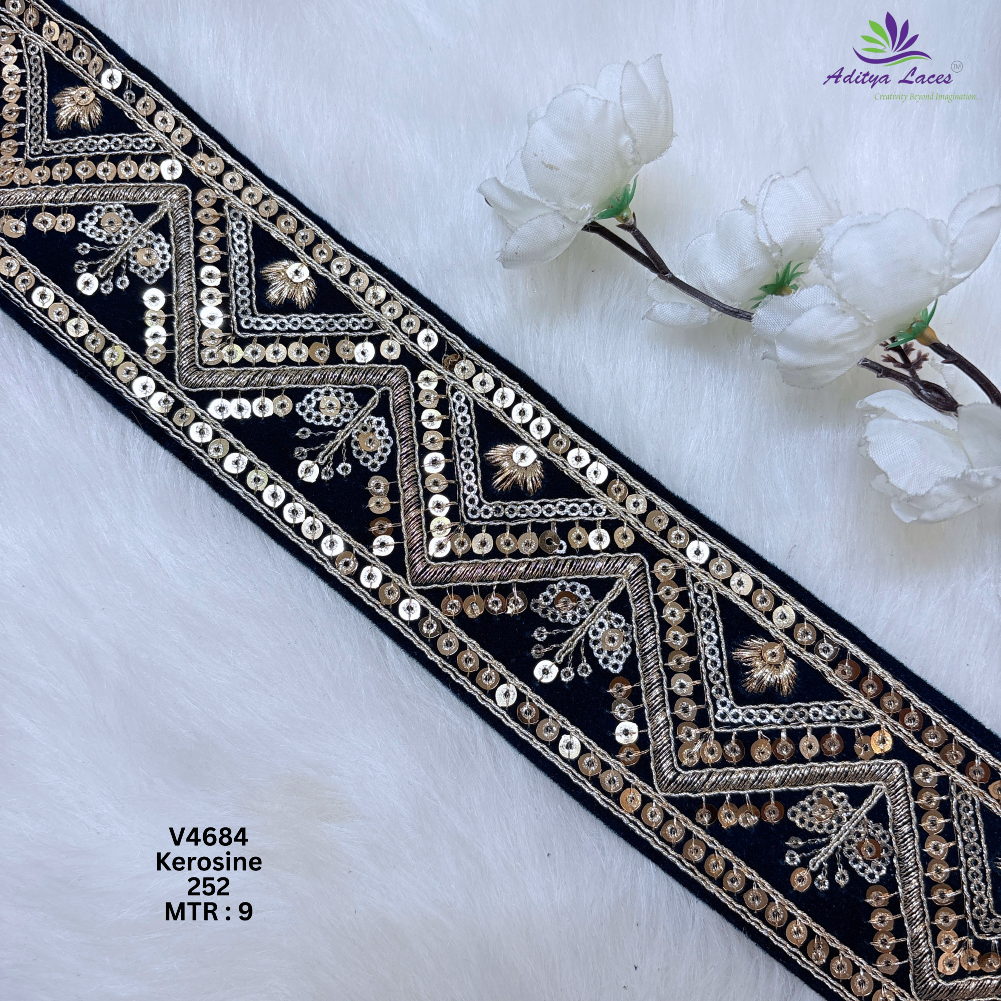 Designer Velvet Chevron Sequin Lace Border for Sarees Bridal Wear Geometric Embroidery Fashion Trim V4684