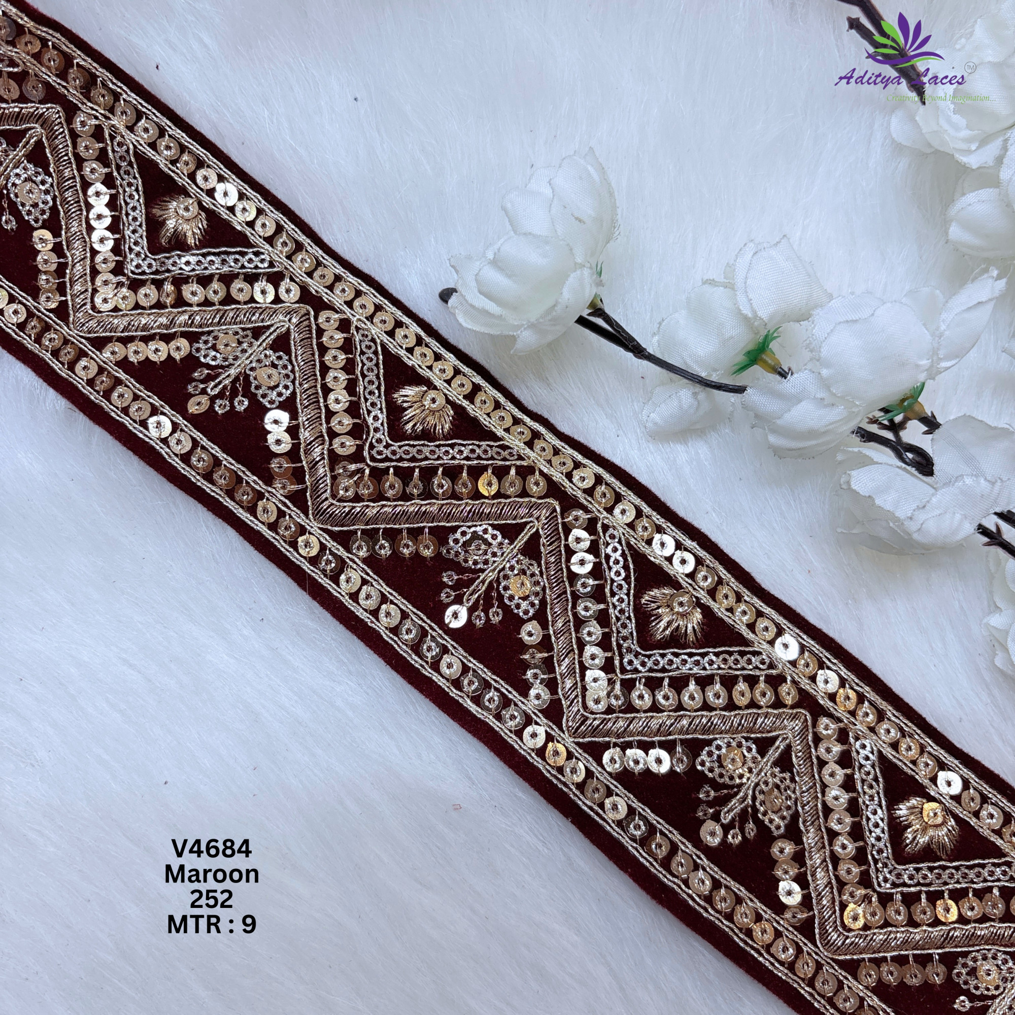 Designer Velvet Chevron Sequin Lace Border for Sarees Bridal Wear Geometric Embroidery Fashion Trim V4684