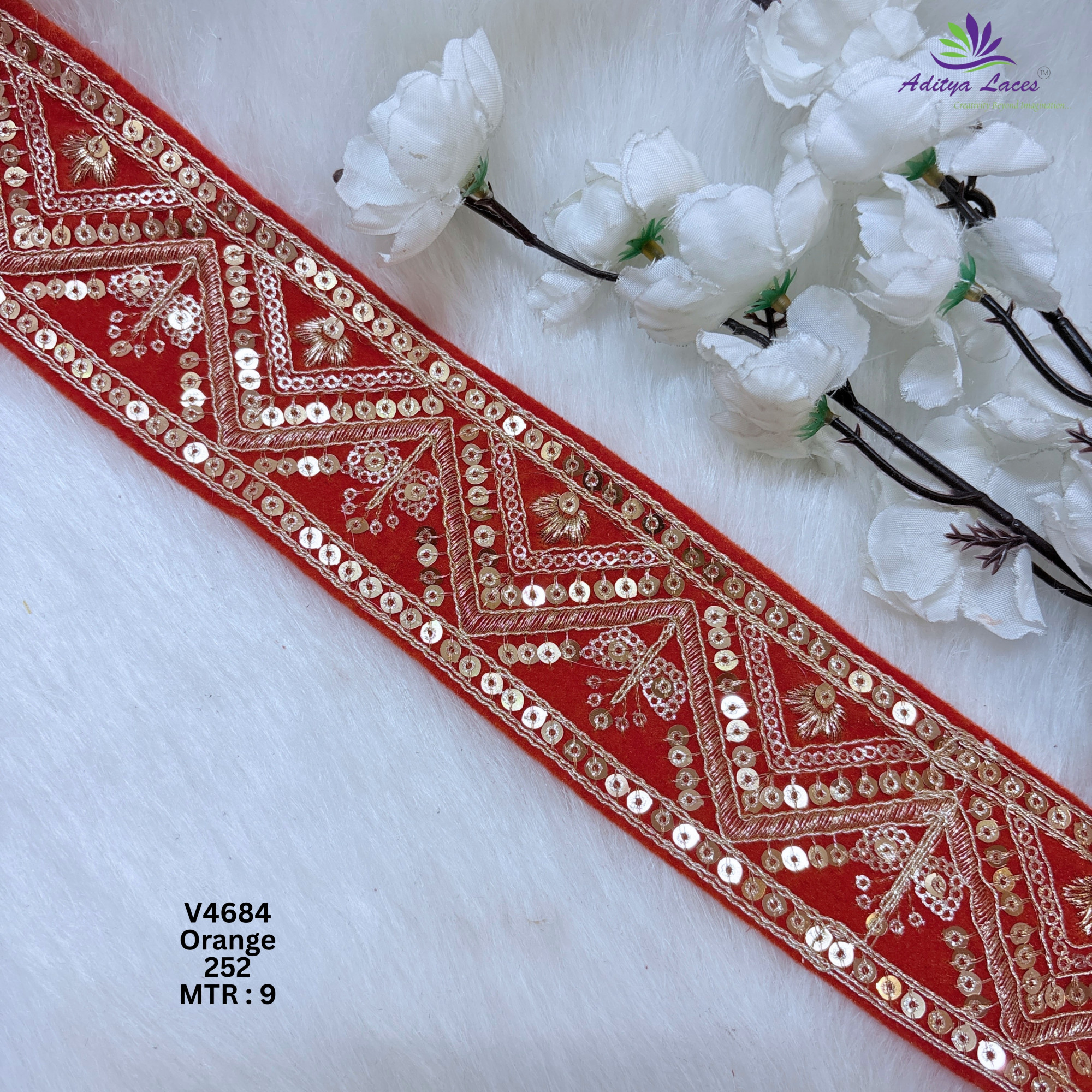 Designer Velvet Chevron Sequin Lace Border for Sarees Bridal Wear Geometric Embroidery Fashion Trim V4684