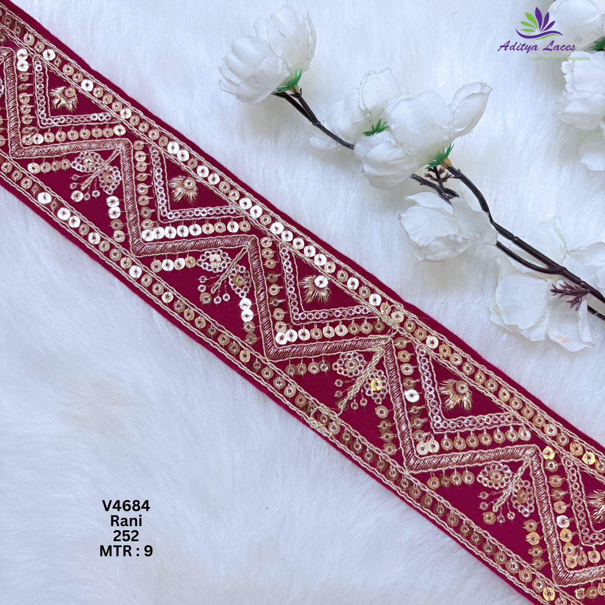 Designer Velvet Chevron Sequin Lace Border for Sarees Bridal Wear Geometric Embroidery Fashion Trim V4684