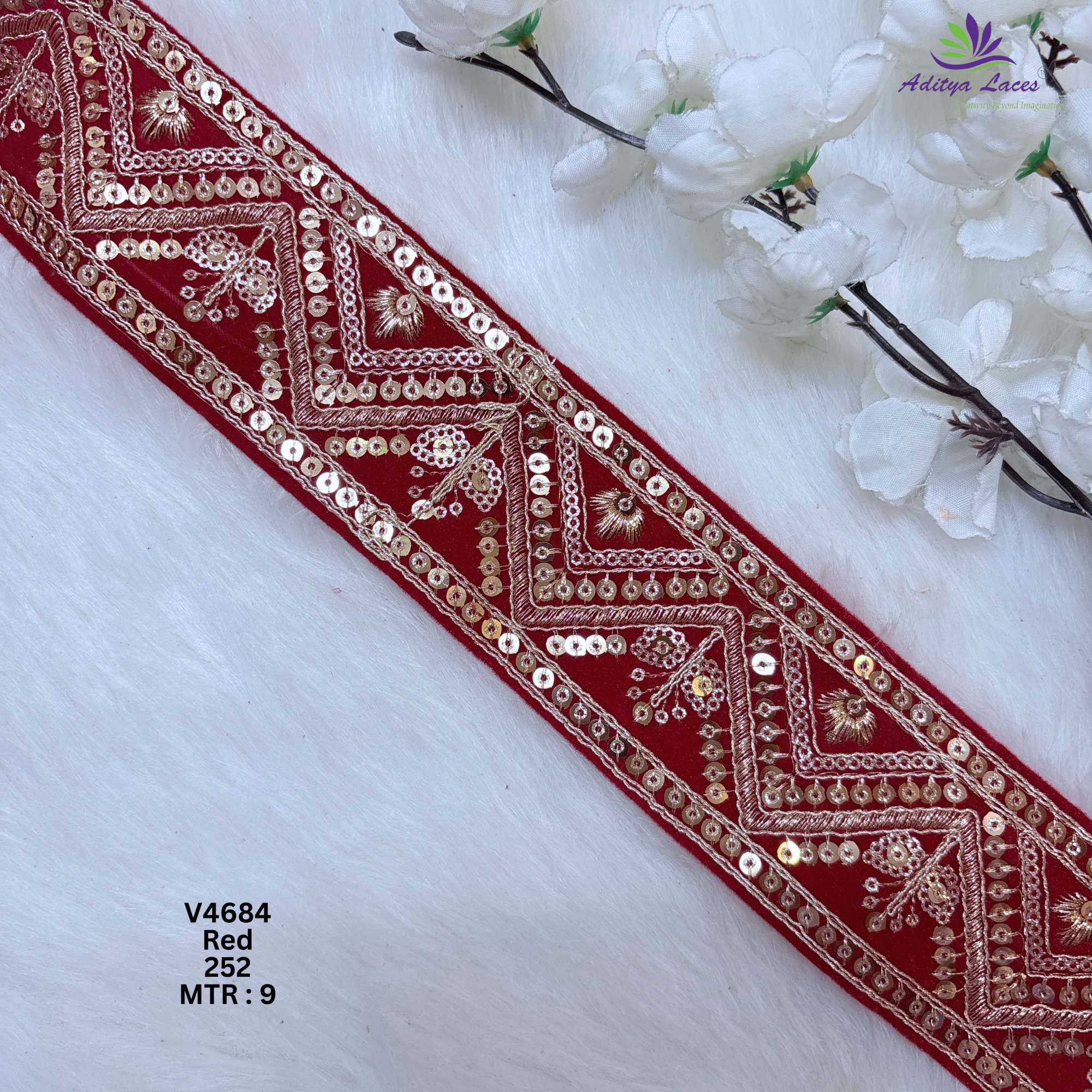 Designer Velvet Chevron Sequin Lace Border for Sarees Bridal Wear Geometric Embroidery Fashion Trim V4684