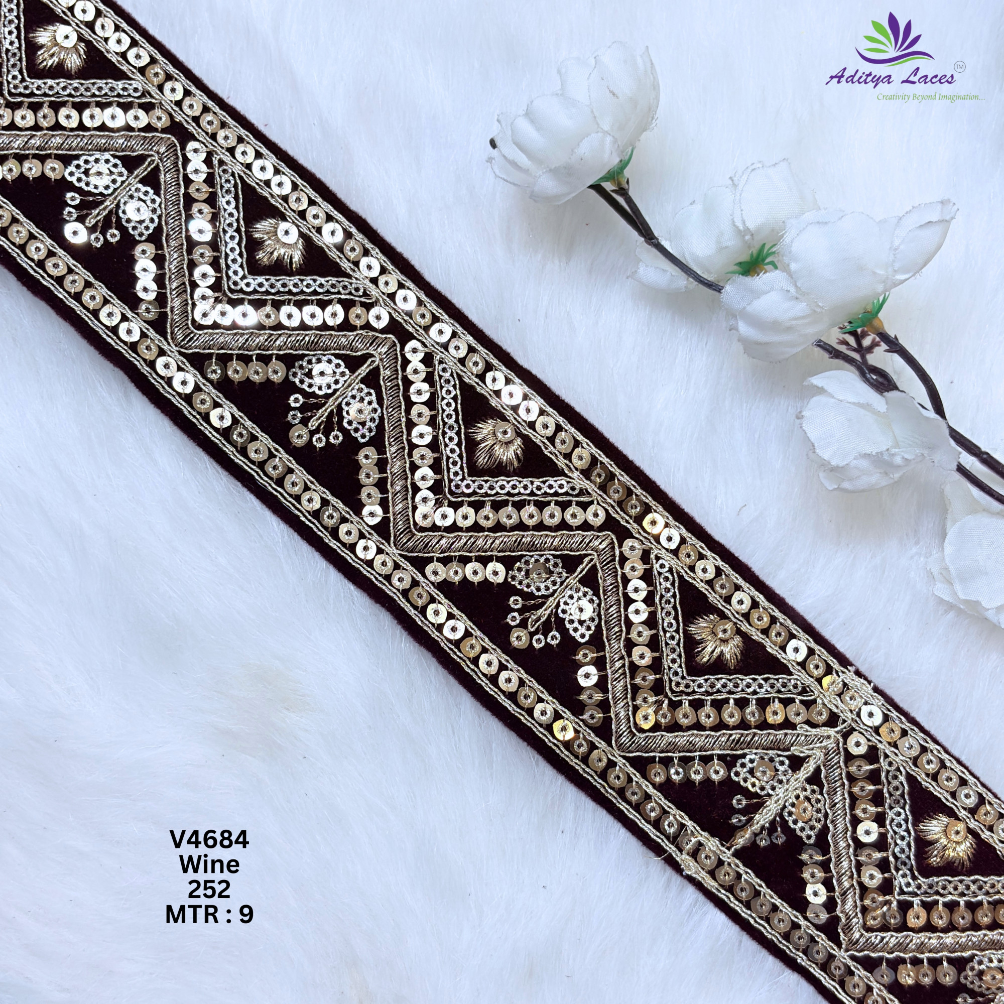 Designer Velvet Chevron Sequin Lace Border for Sarees Bridal Wear Geometric Embroidery Fashion Trim V4684