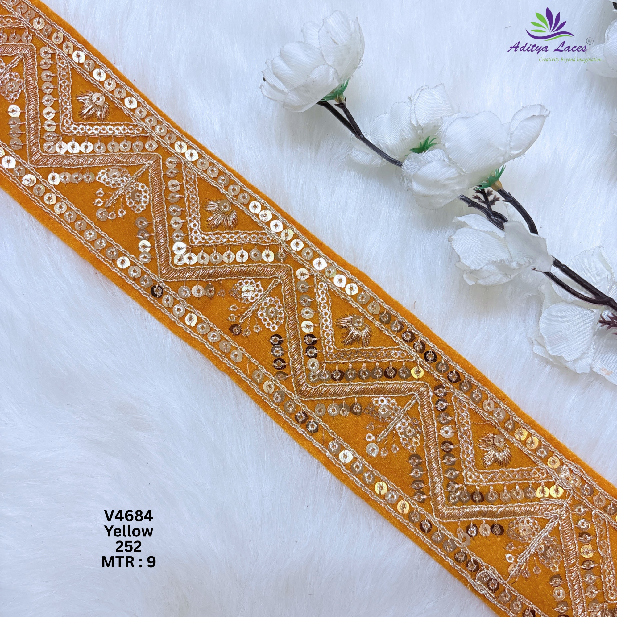Designer Velvet Chevron Sequin Lace Border for Sarees Bridal Wear Geometric Embroidery Fashion Trim V4684