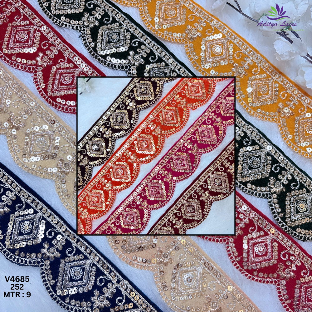 Image of Designer Multicolor Velvet Scalloped Diamond Sequin Lace Border for Sarees, Lehengas &amp; Bridal Wear – V4685