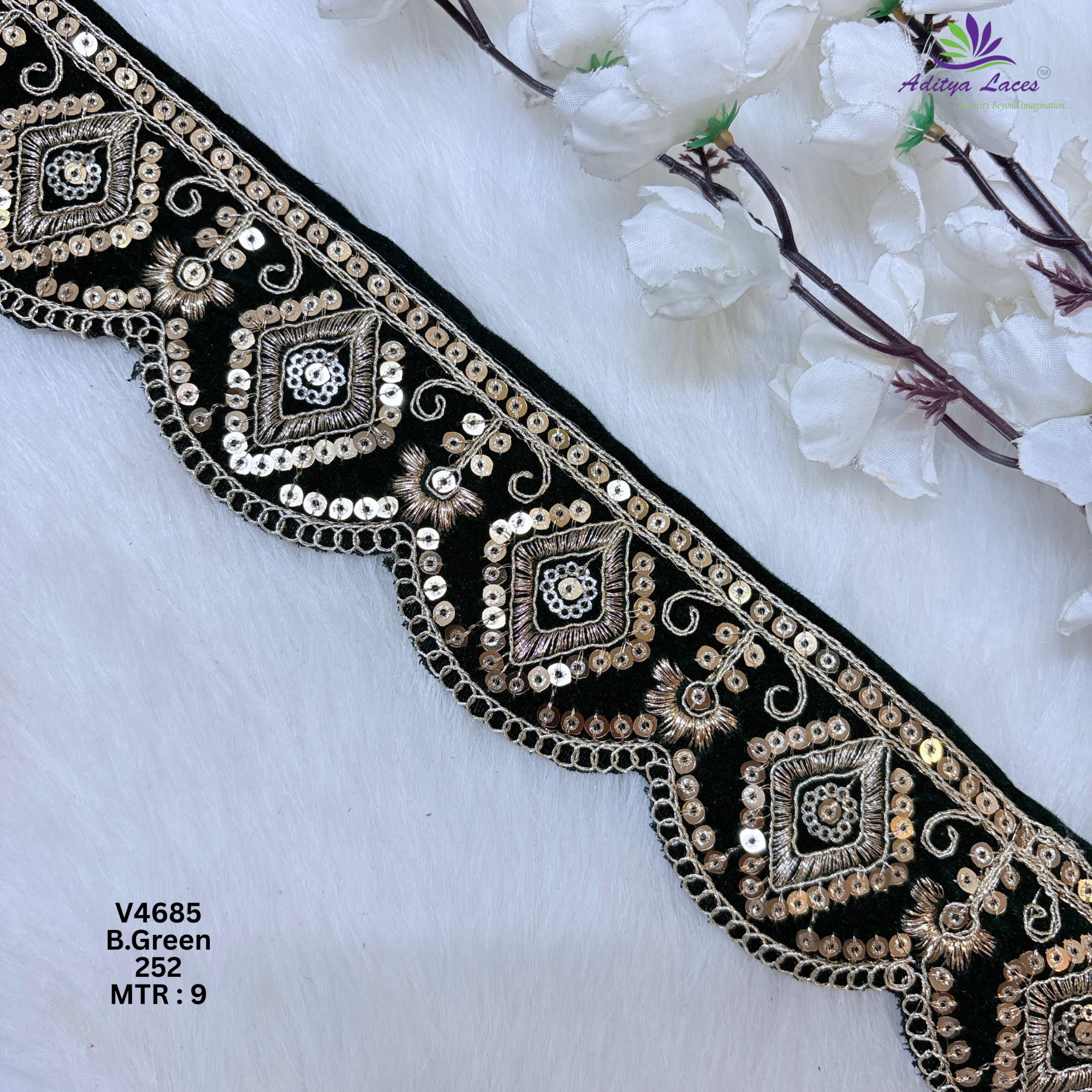 Designer Multicolor Velvet Scalloped Diamond Sequin Lace Border for Sarees Lehengas  Bridal Wear  V4685