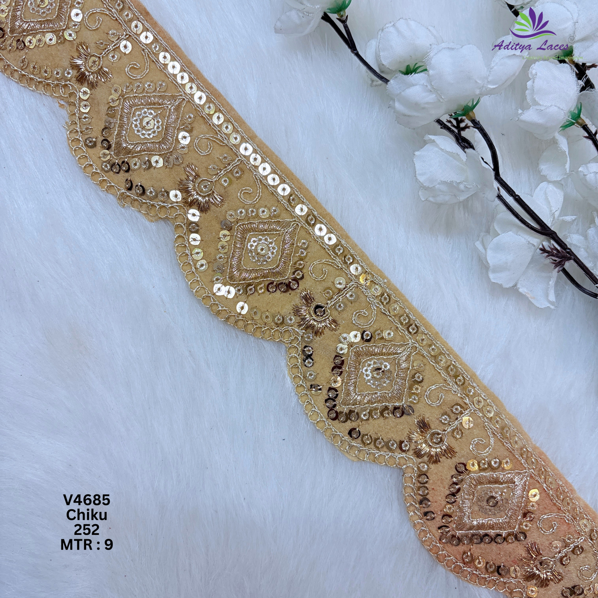 Designer Multicolor Velvet Scalloped Diamond Sequin Lace Border for Sarees Lehengas Bridal Wear V4685