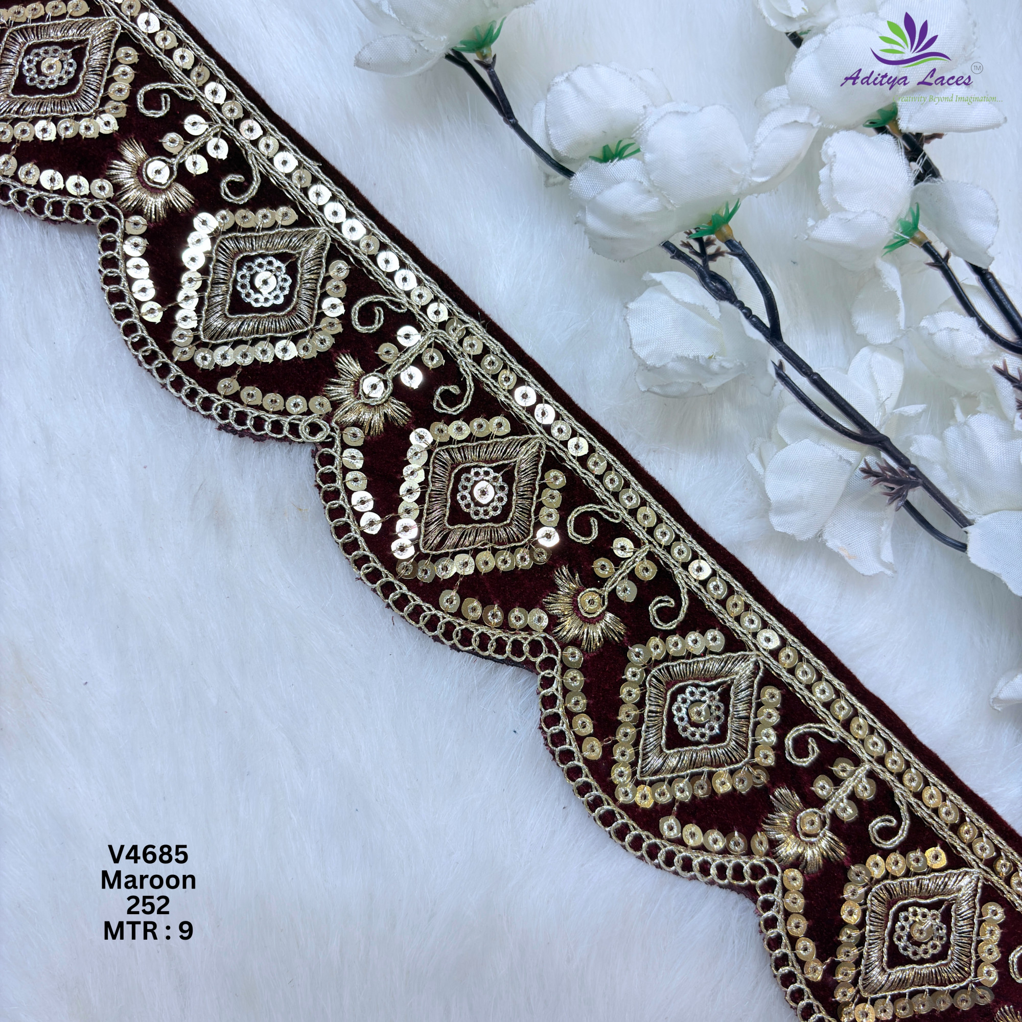 Designer Multicolor Velvet Scalloped Diamond Sequin Lace Border for Sarees Lehengas Bridal Wear V4685