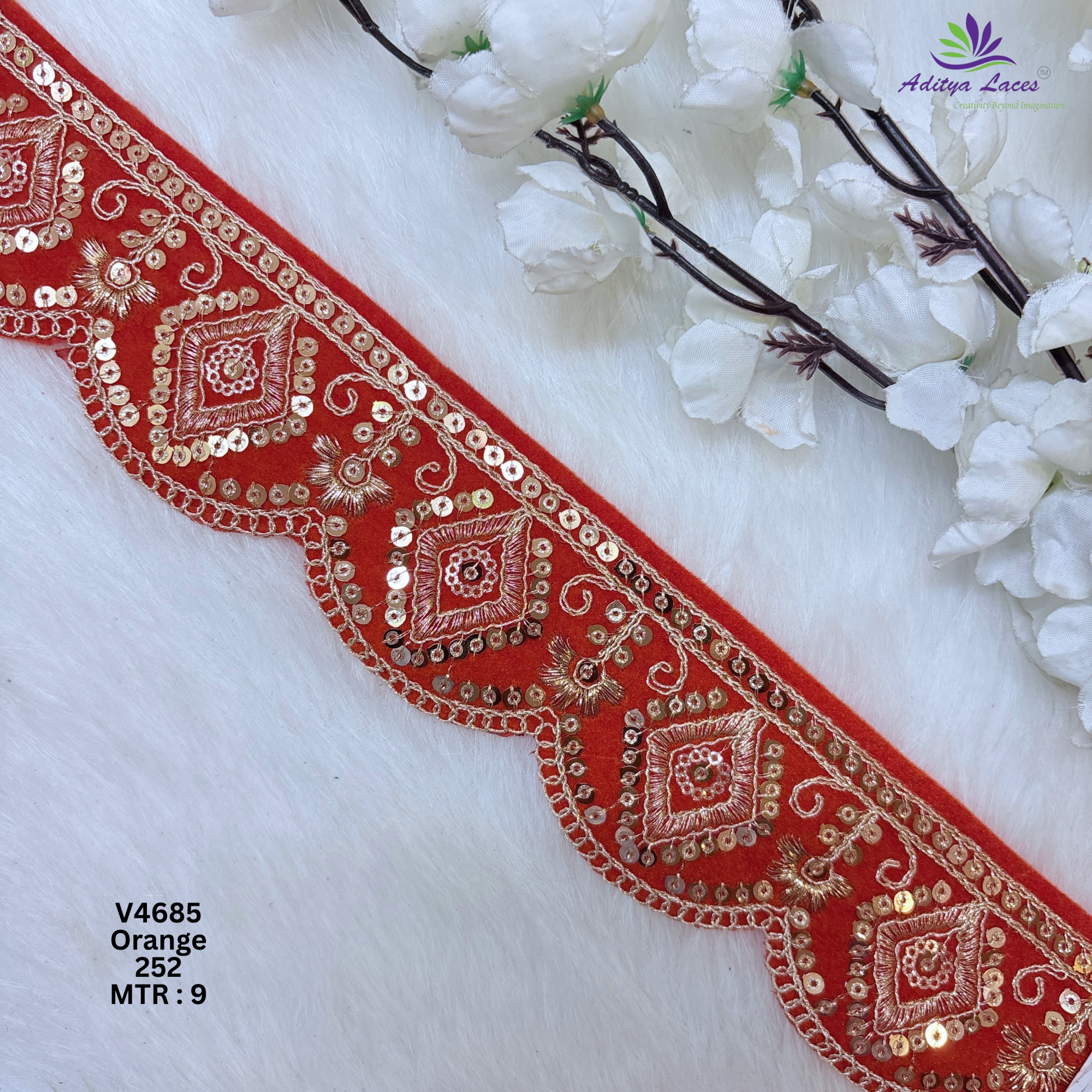 Designer Multicolor Velvet Scalloped Diamond Sequin Lace Border for Sarees Lehengas  Bridal Wear  V4685