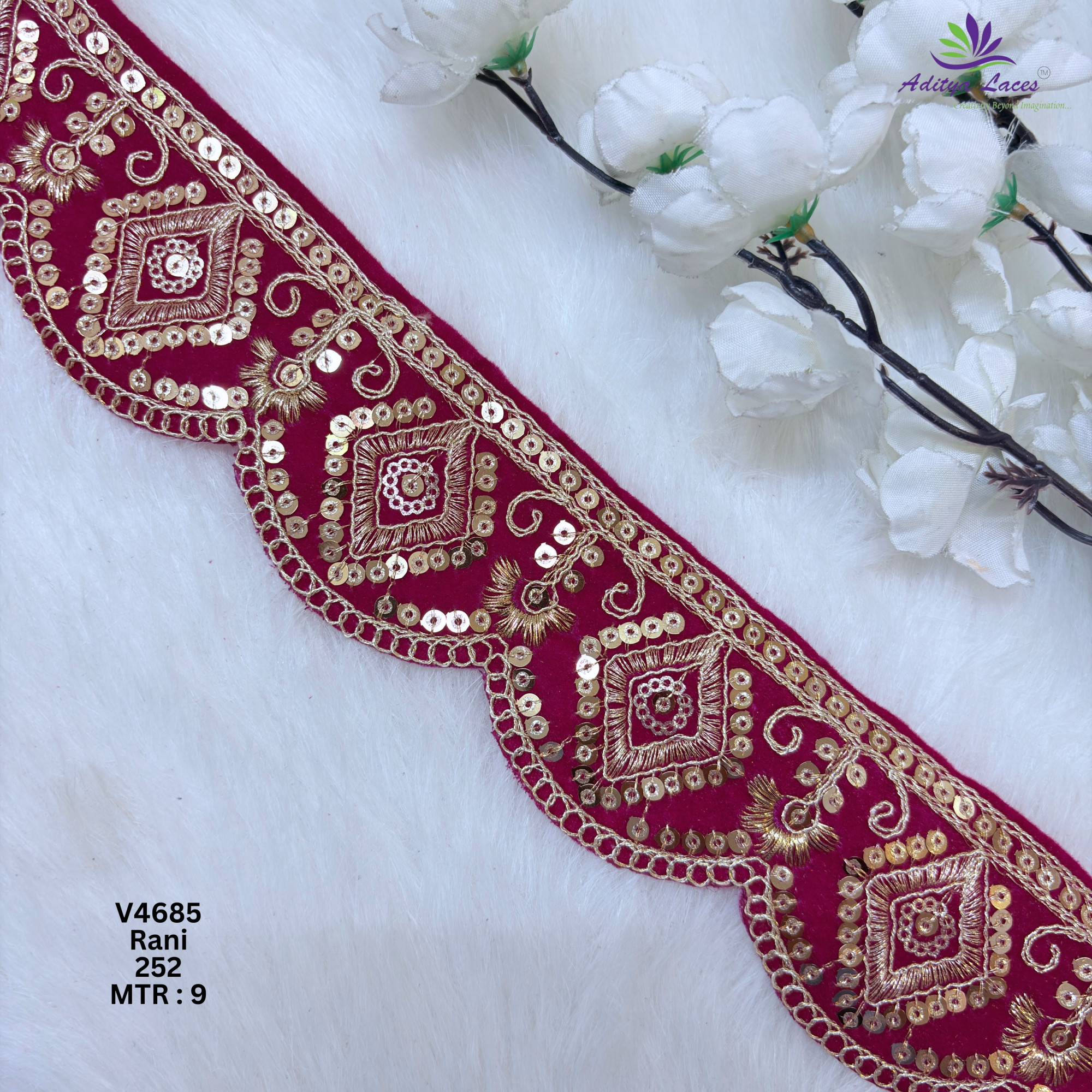 Designer Multicolor Velvet Scalloped Diamond Sequin Lace Border for Sarees Lehengas Bridal Wear V4685
