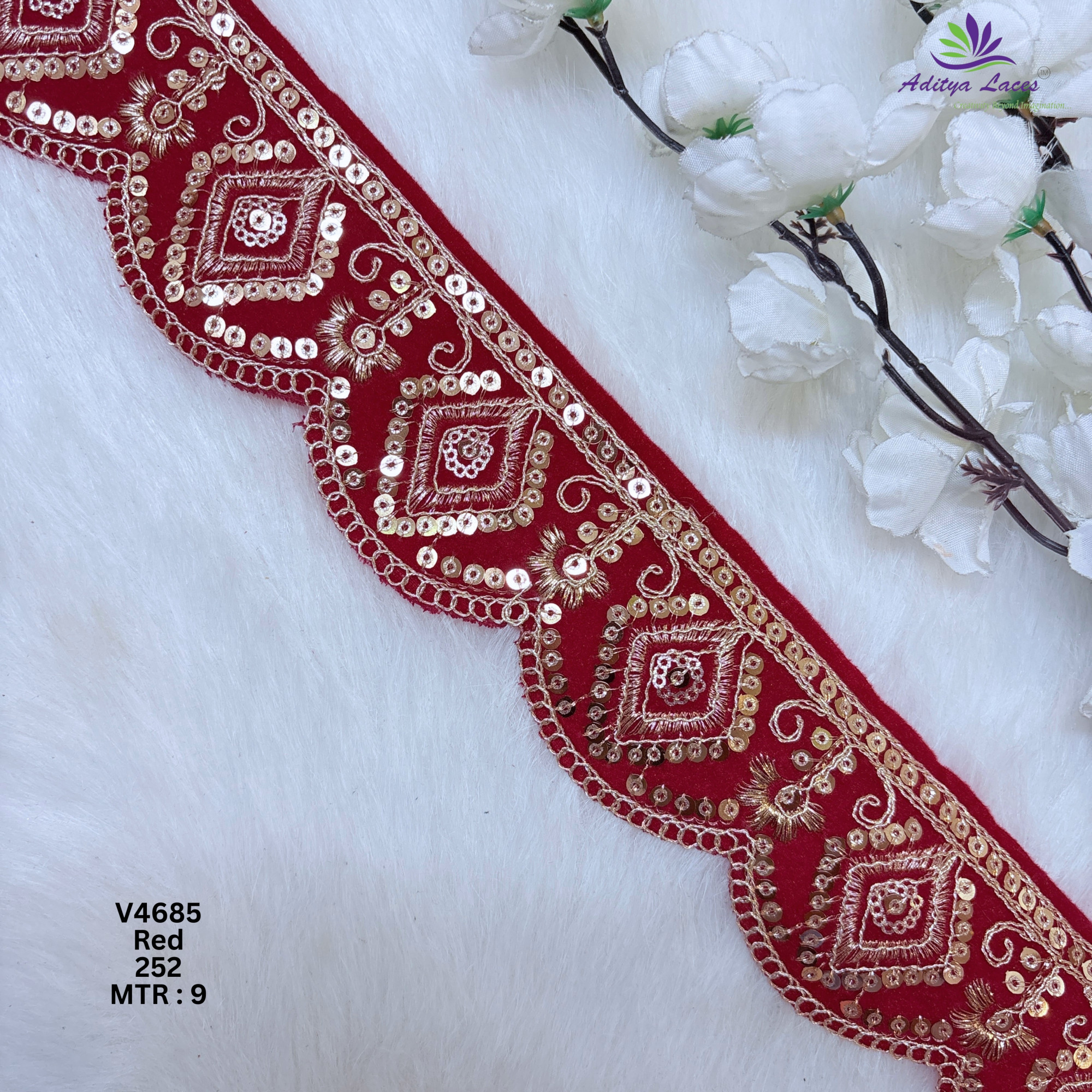 Designer Multicolor Velvet Scalloped Diamond Sequin Lace Border for Sarees Lehengas Bridal Wear V4685
