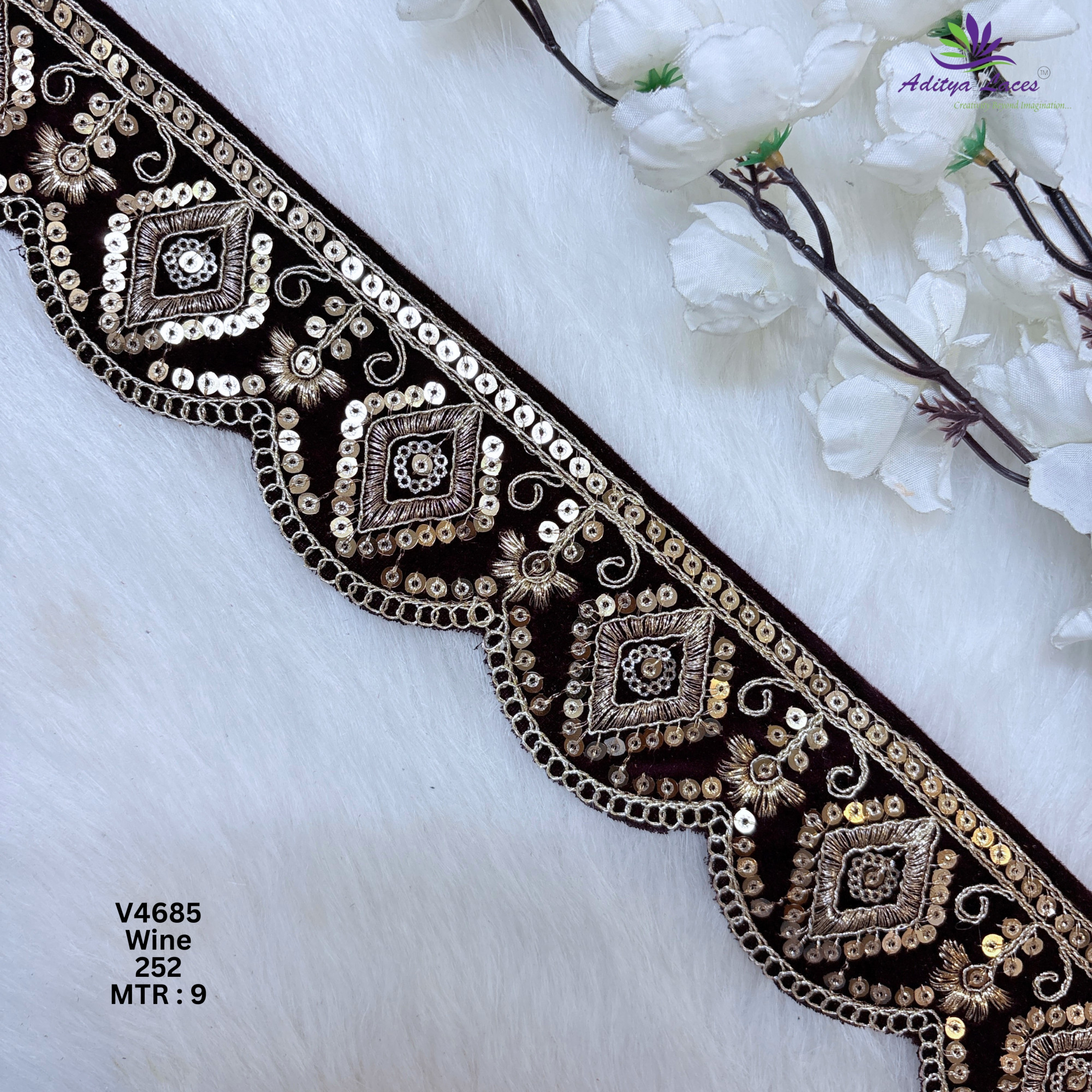 Designer Multicolor Velvet Scalloped Diamond Sequin Lace Border for Sarees Lehengas  Bridal Wear  V4685