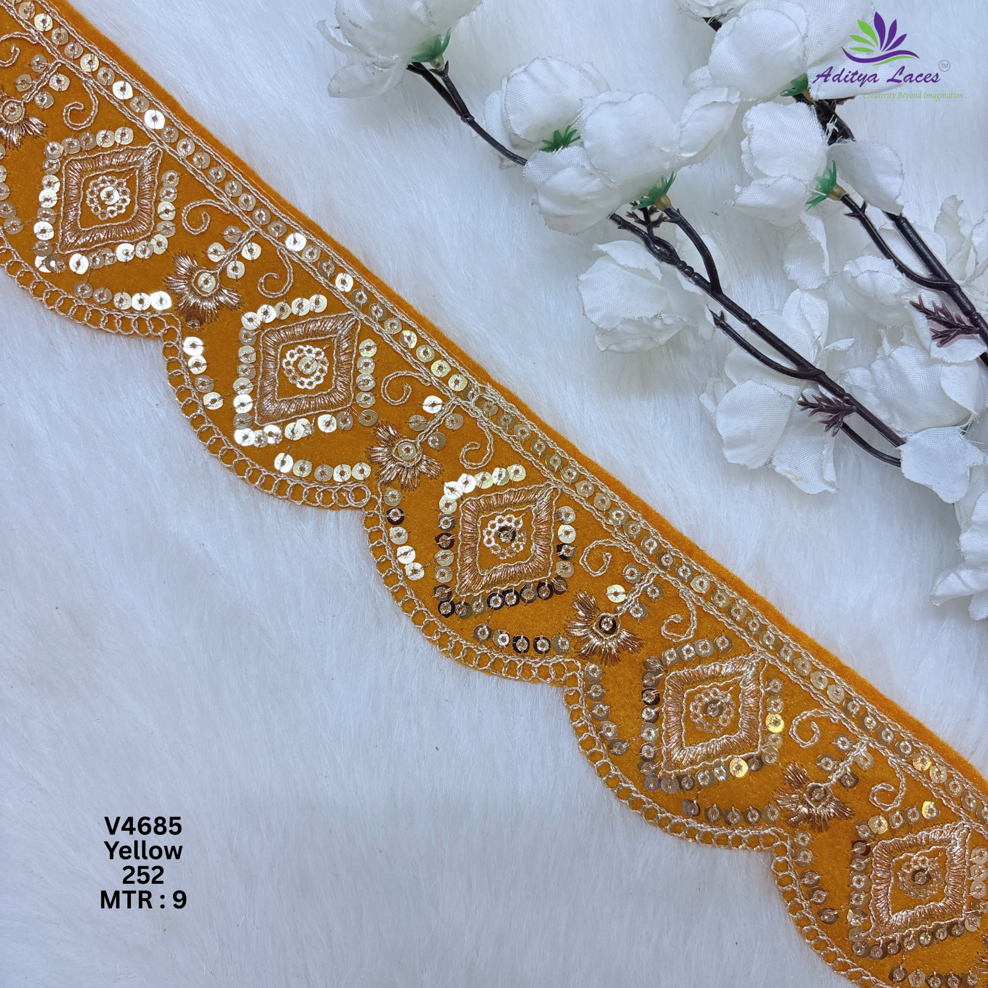 Designer Multicolor Velvet Scalloped Diamond Sequin Lace Border for Sarees Lehengas Bridal Wear V4685