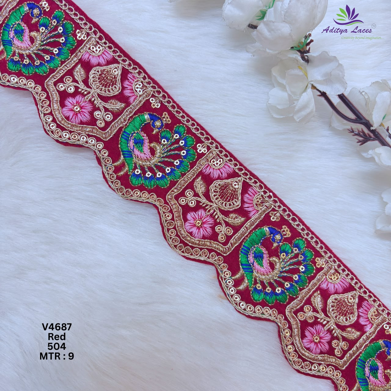 Designer Red Velvet Scalloped Peacock Floral Embroidery Lace Border for Sarees Bridal Wear Ethnic Fashion Trim V4687