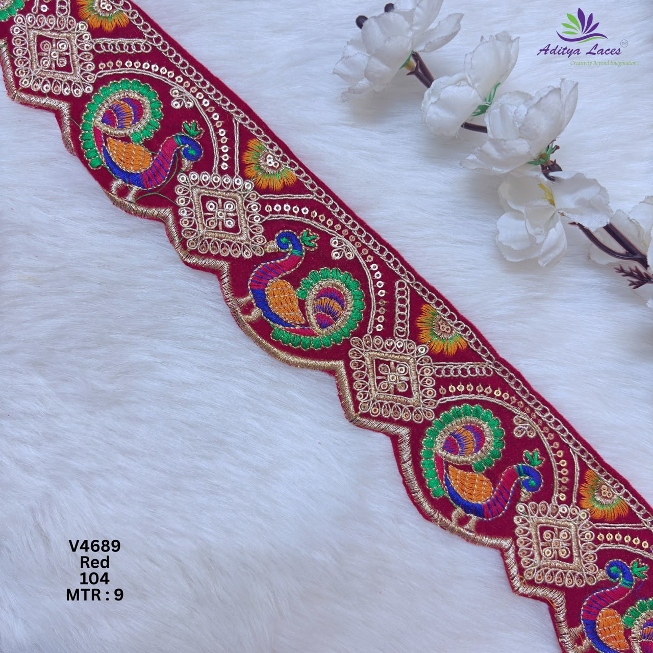 Designer Red Velvet Scalloped Peacock Embroidery Lace Border for Sarees Bridal Wear Ethnic Fashion Trim