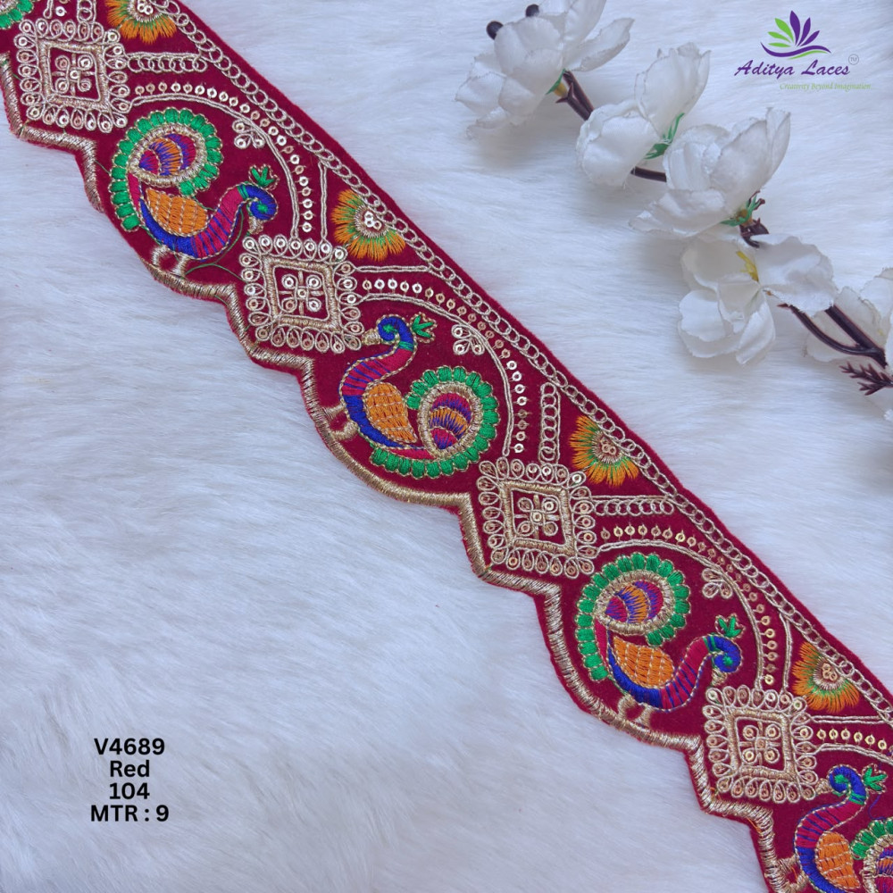Image of Designer Red Velvet Scalloped Peacock Embroidery Lace Border for Sarees &amp; Bridal Wear – Ethnic Fashion Trim
